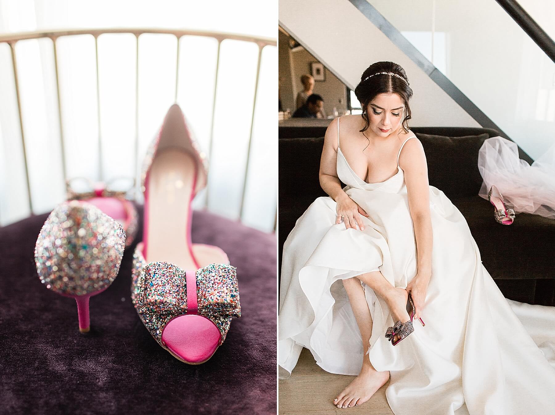 pink sparkly wedding shoes with bow for the bride to be | oahu wedding hawaii family photography elle rose photo | glamorous destination winter wedding at thompson chicago 