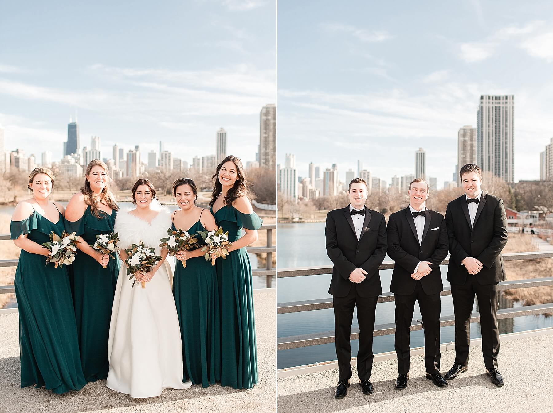 bride and bridesmaids groom and groomsmen | elegant glamorous black tie daytime wedding photography | oahu hawaii wedding photographer elle rose photo | destination winter wedding in chicago illinois