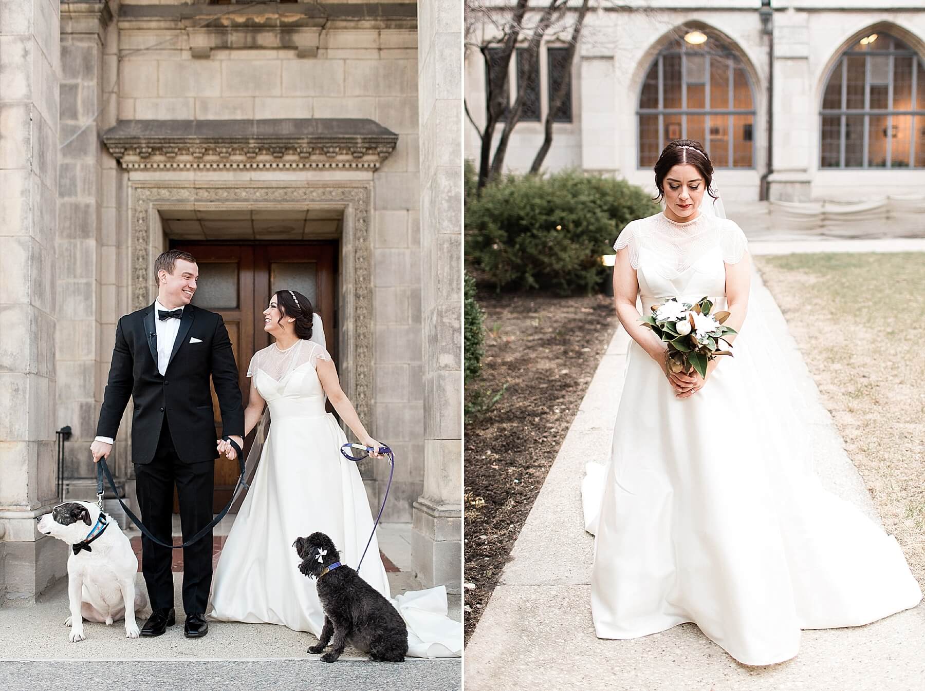 new family on big day husband wife and two dogs | elegant glamorous black tie daytime wedding photography | oahu hawaii wedding photographer elle rose photo | destination winter wedding in chicago illinois