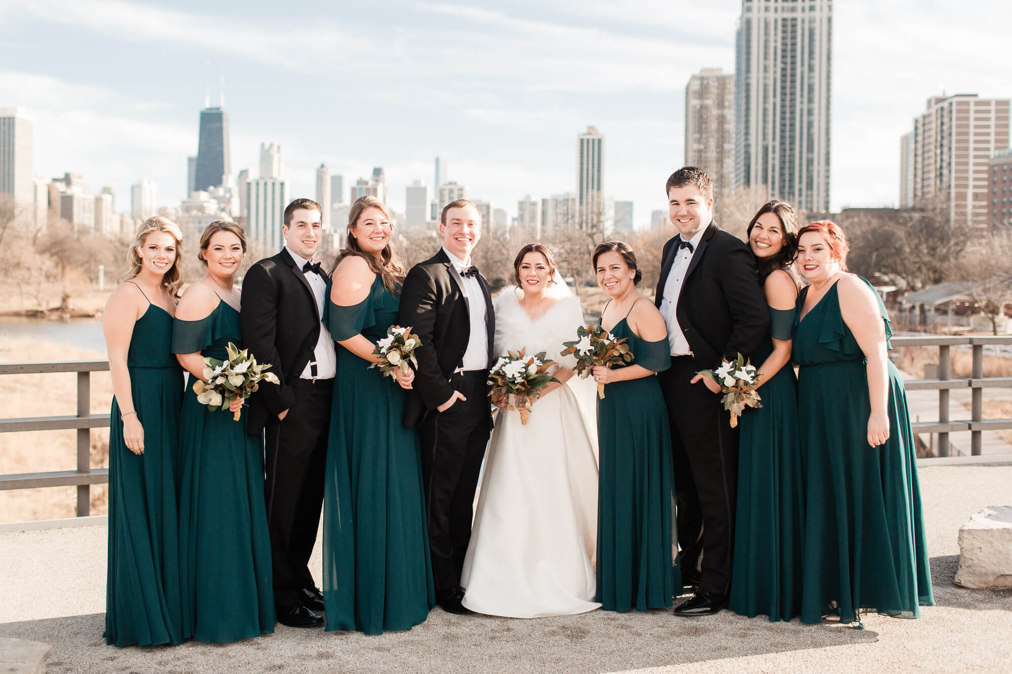 bride groom and wedding party | elegant glamorous black tie daytime wedding photography | oahu hawaii wedding photographer elle rose photo | destination winter wedding in chicago illinois