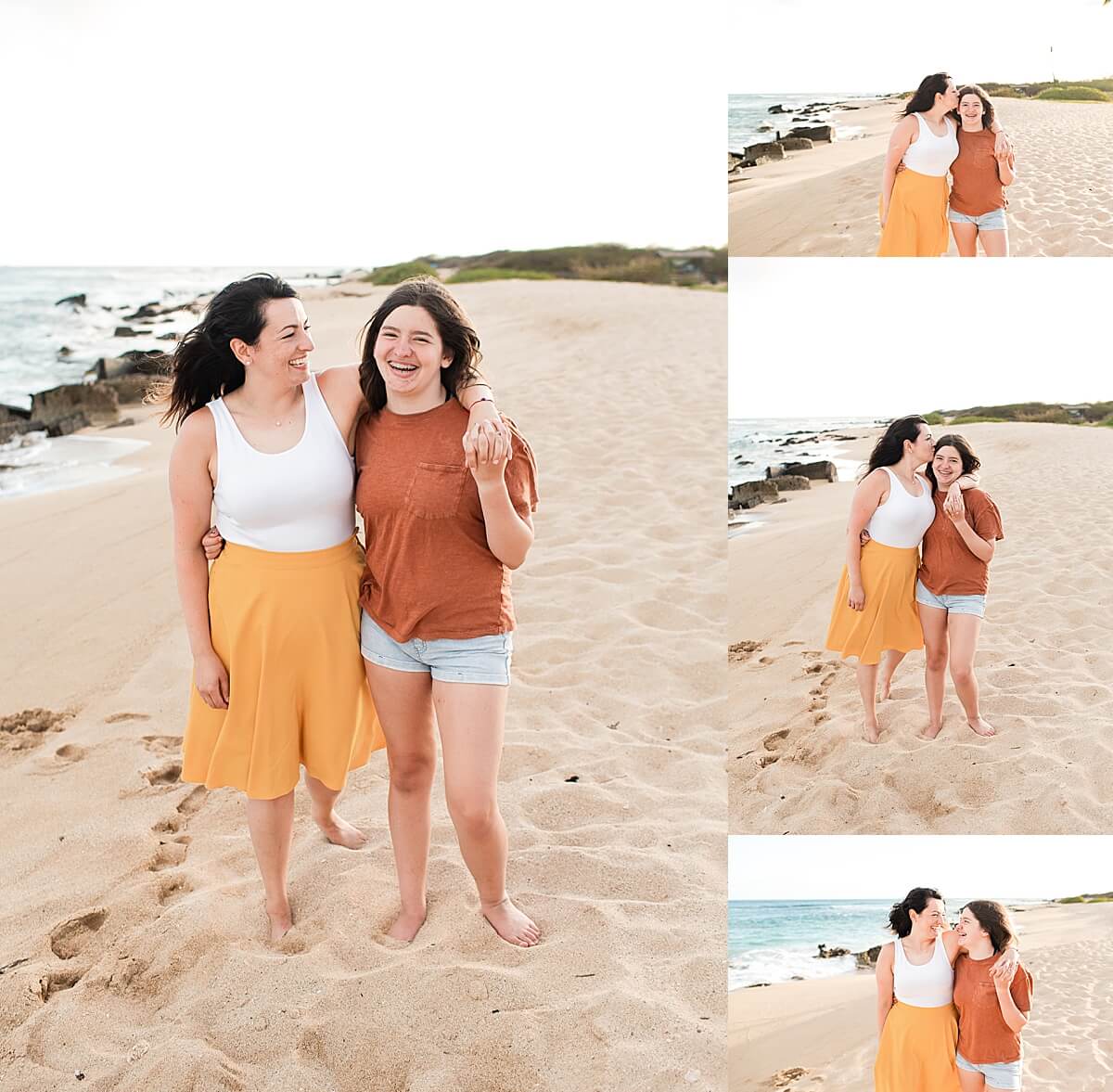 mom and daughter walking along the beach for family session with Honolulu family photographer 