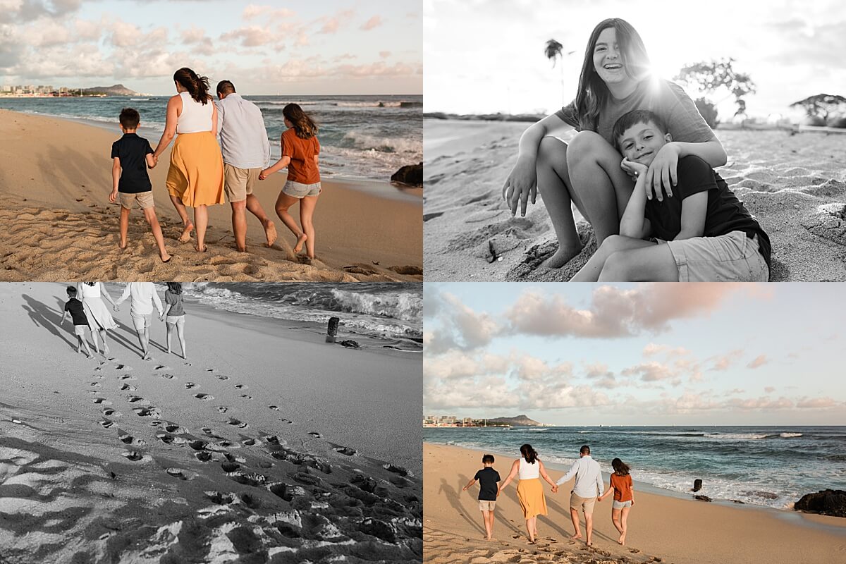 family walking the beach at sunset for beach family session 