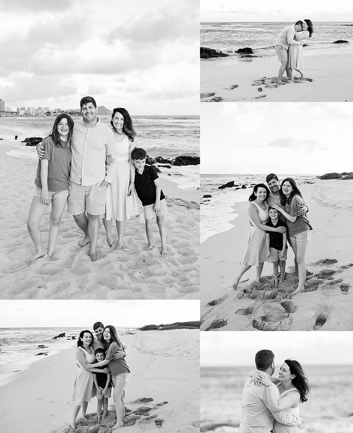 family of four running on the beach wearing dresses and shorts with family photographer 