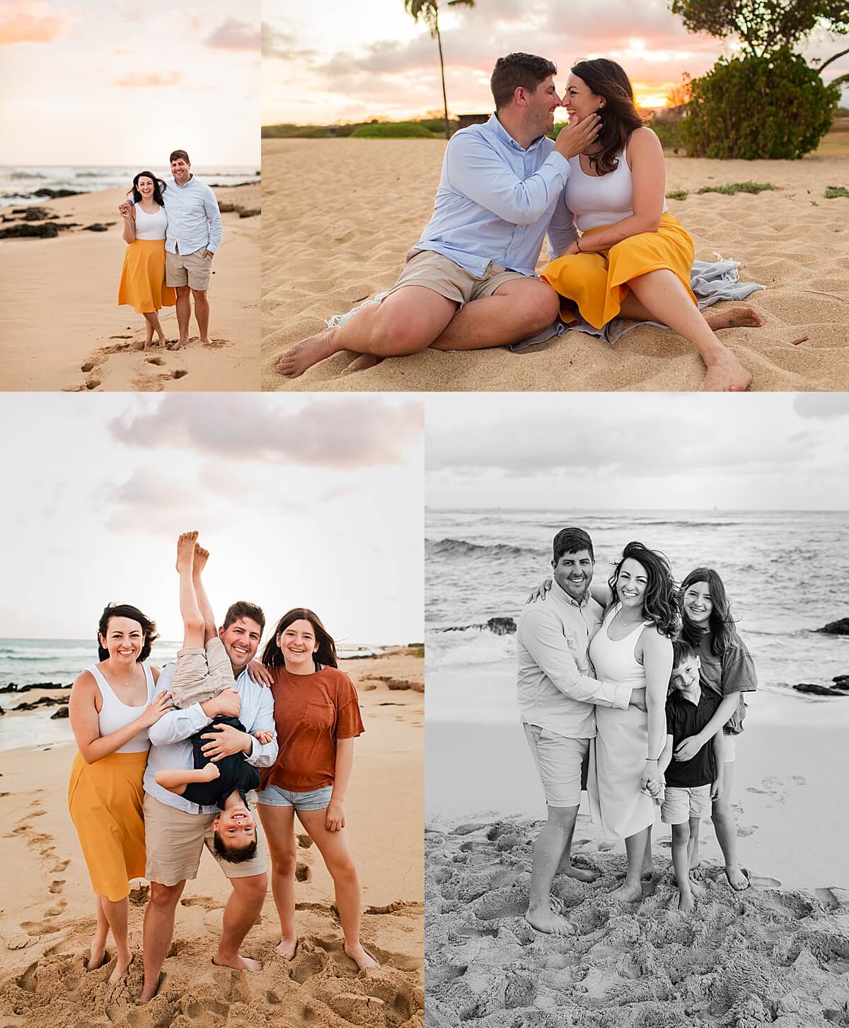 mom and dad hold kids on the sand in Honolulu family session at sunset 