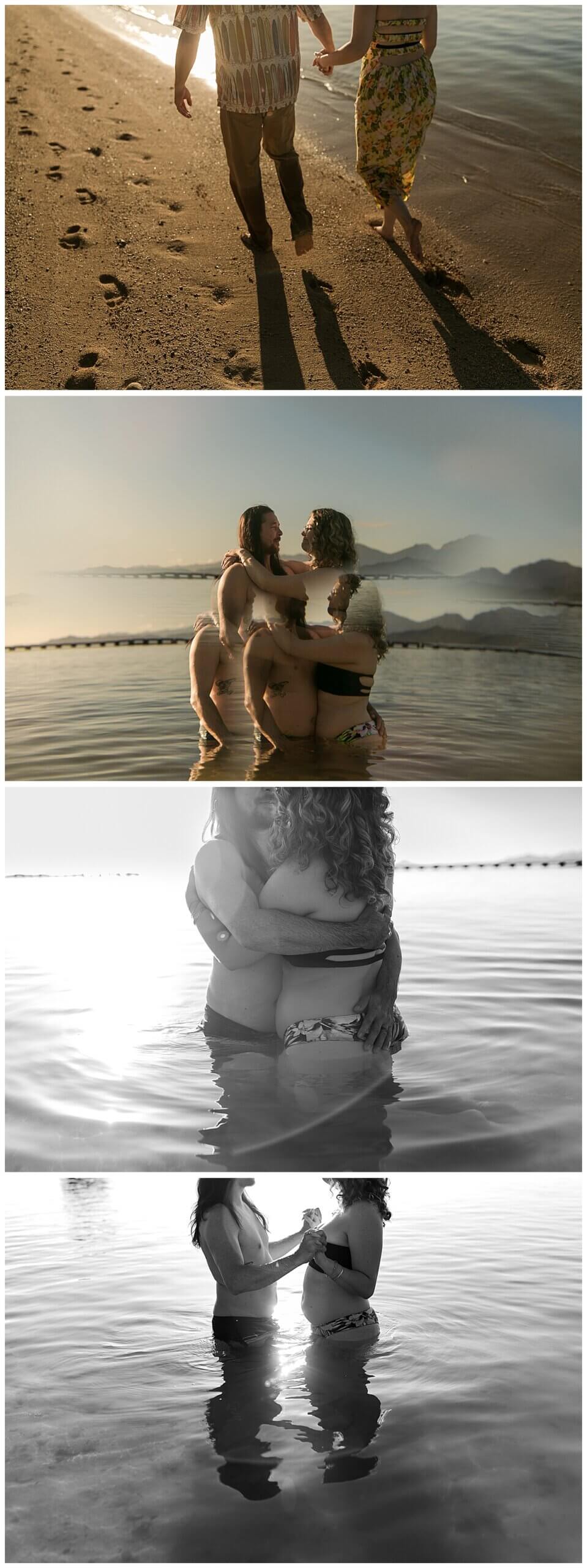 man and woman wearing swim suits during shoot with engagement photographer