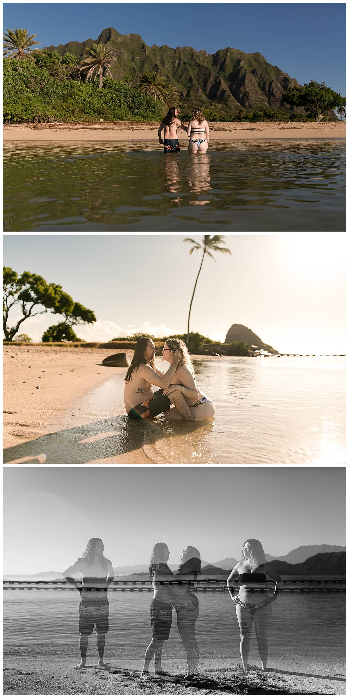 couple walking out of water in the sand at sunrise for engagement session 