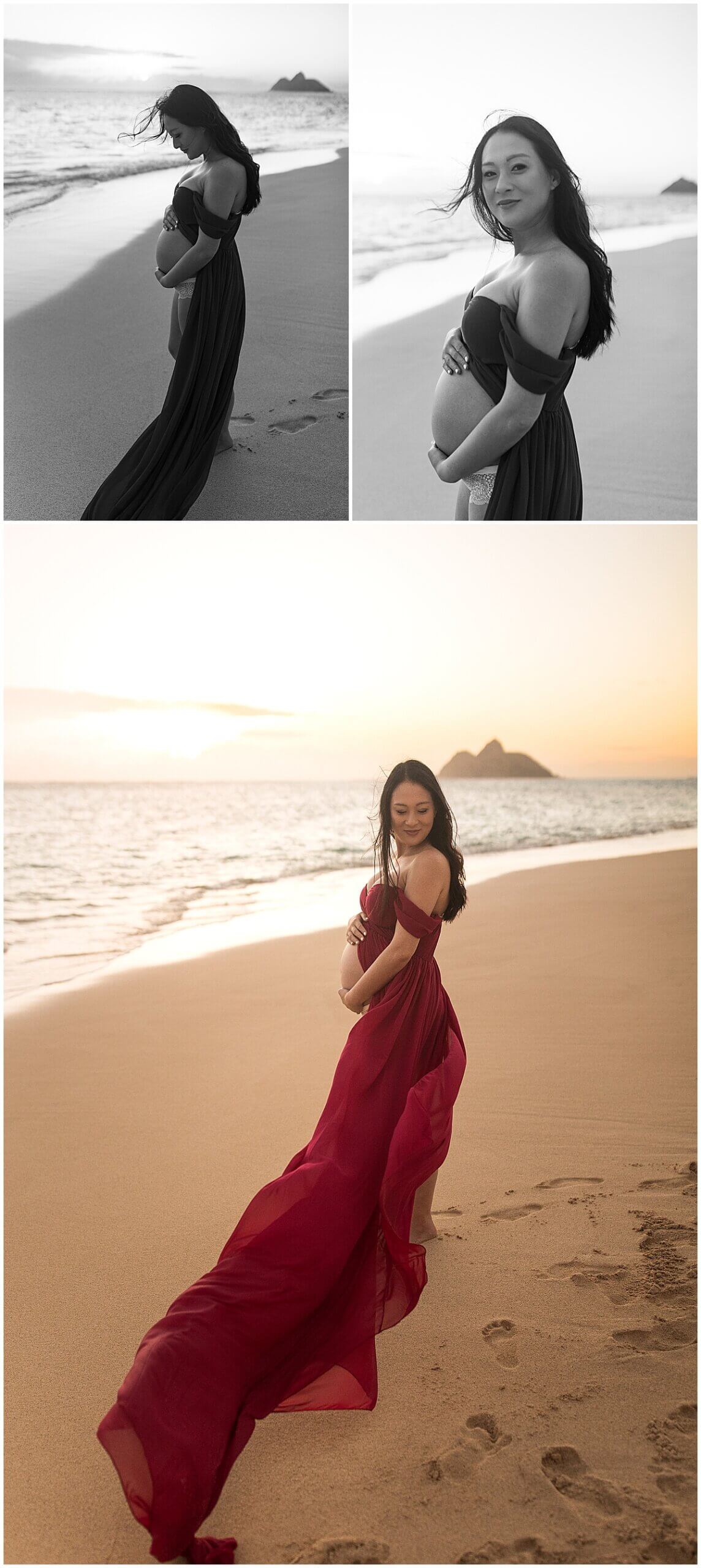 mother wearing long red dress by Oahu maternity photographer 