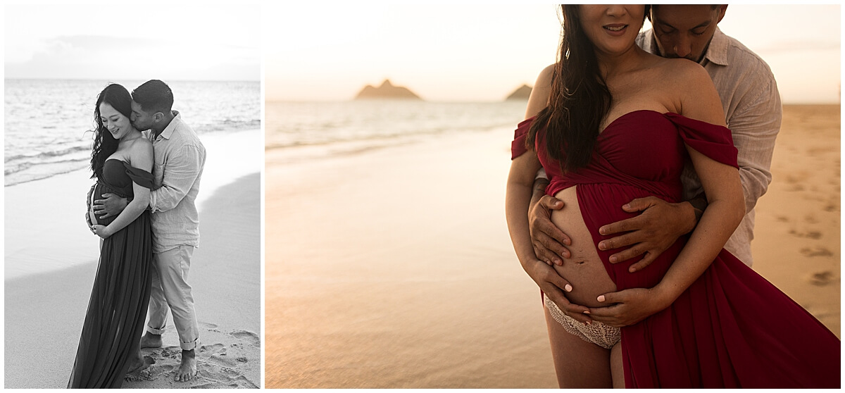 father holds moms belly on beach in maternity dress by Elle rose photo