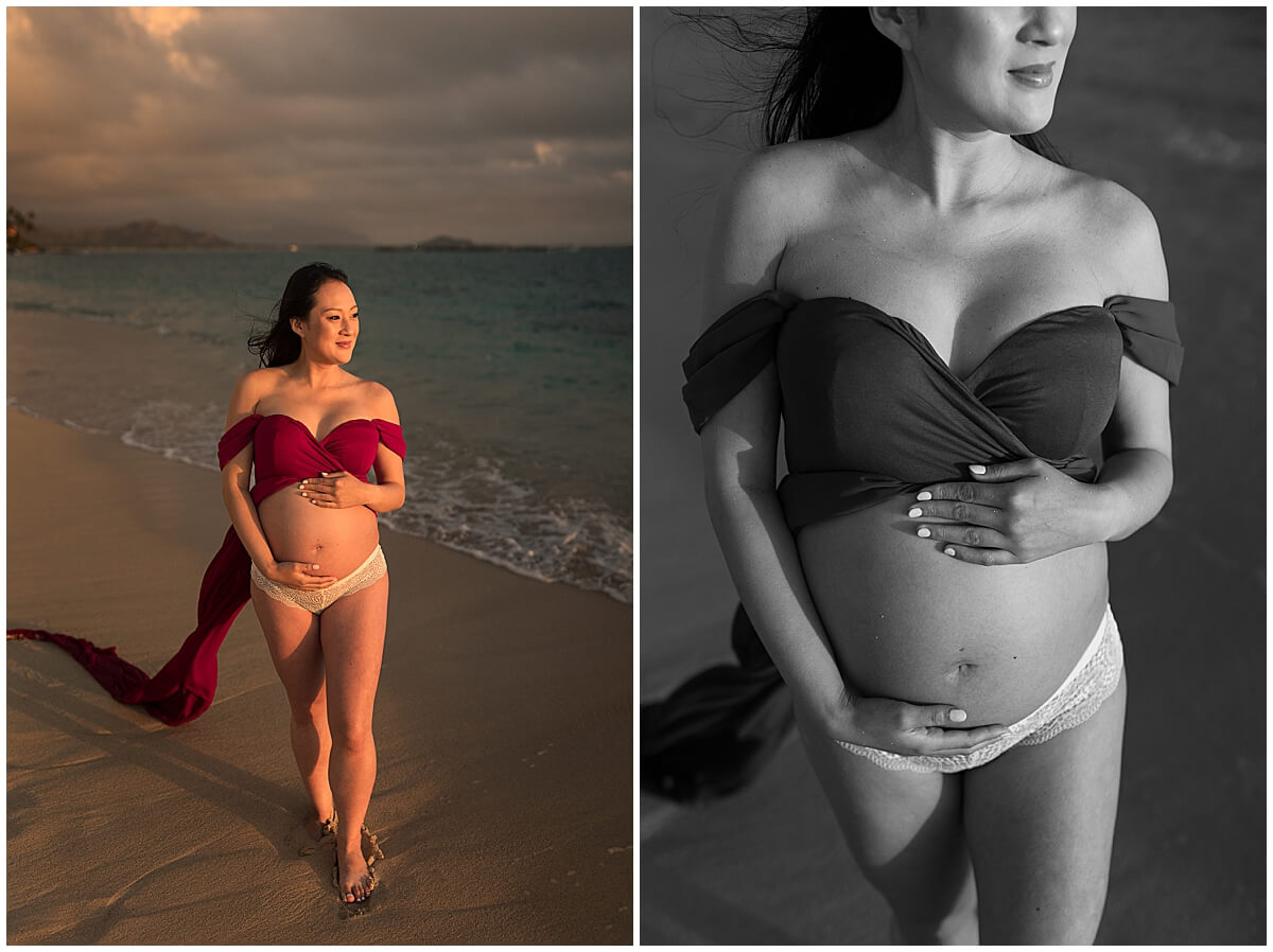 direct sunlight hitting new mom standing on the beach for kailua baby moon session 