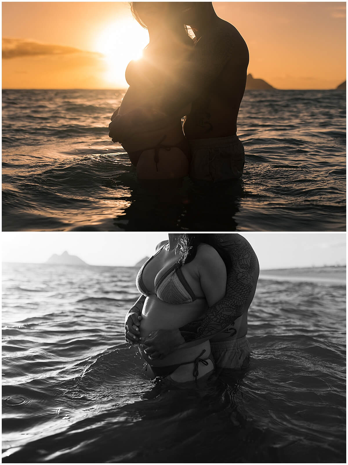 mom and dad standing in the water with swim suits with Oahu maternity photographer 