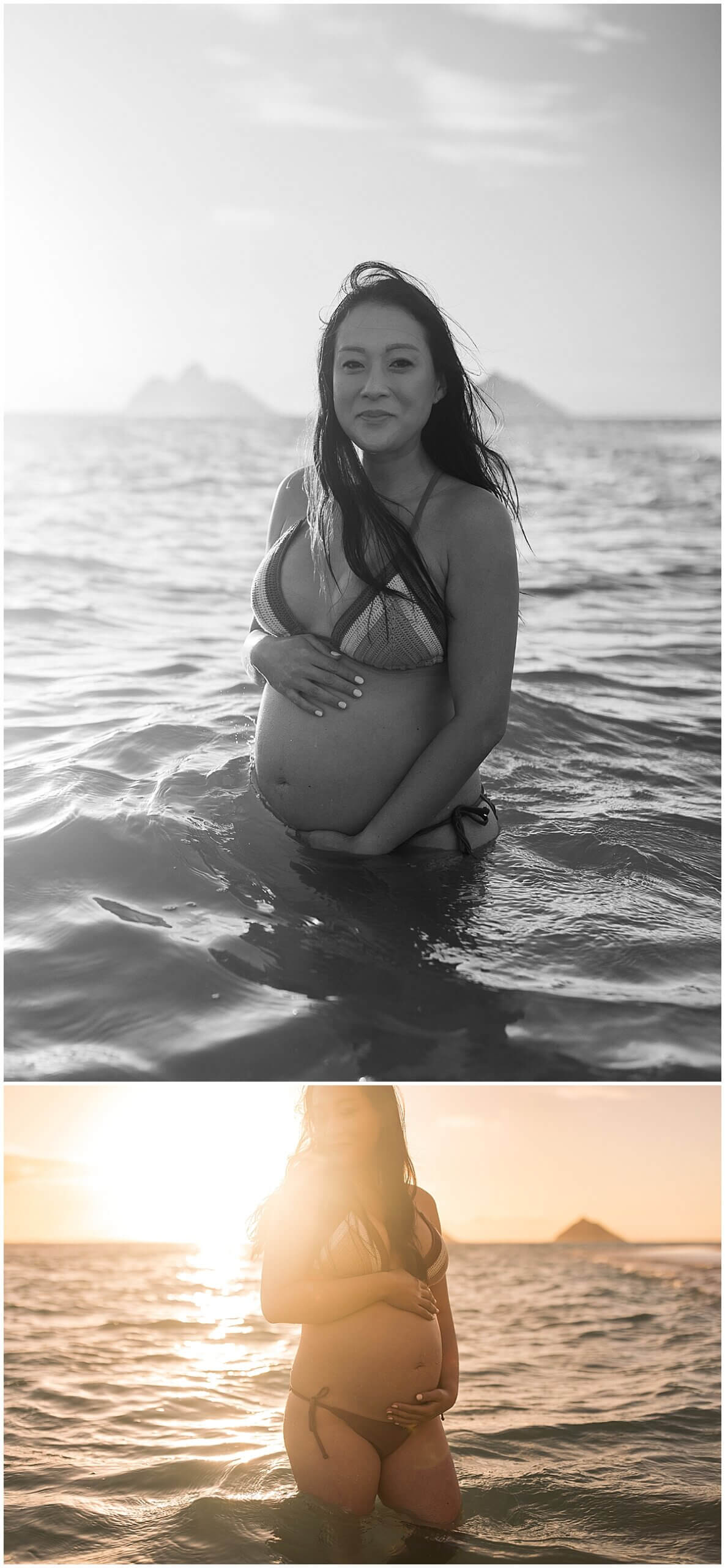 black and white mother portraits holding pregnant belly during kailua baby moon session 