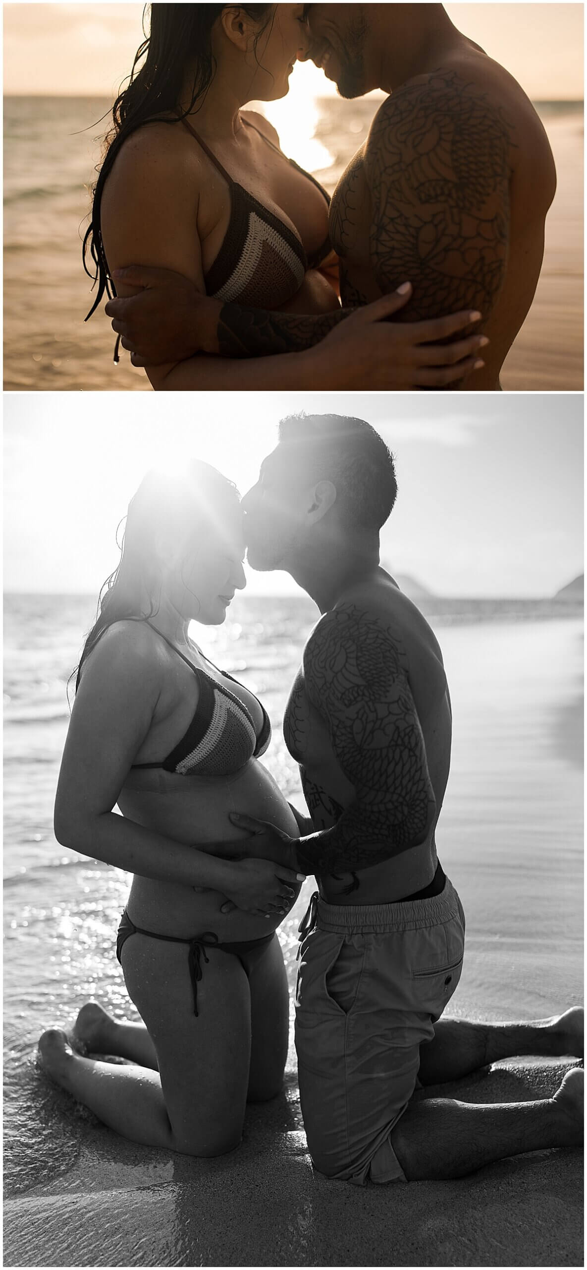 new parents kneel down in the sand and share kisses by Oahu Maternity photographer 