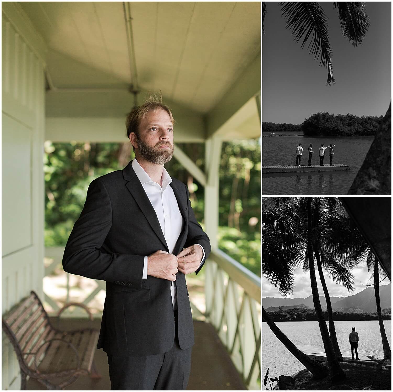 groom getting ready with black suit coat and no tie on wedding day by Oahu wedding photographer