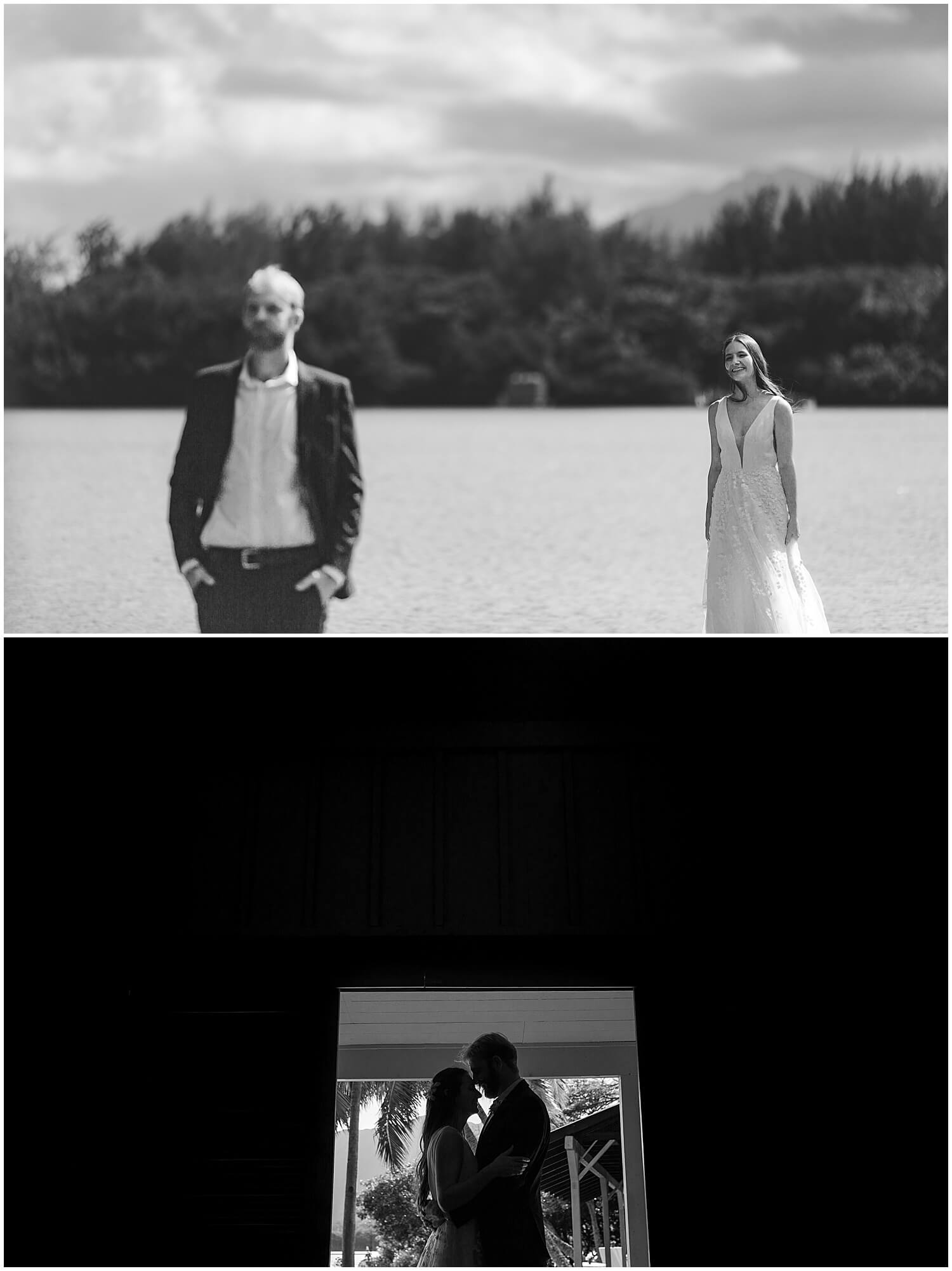 black and white wedding portraits on dock in Oahu by Elle rose photo