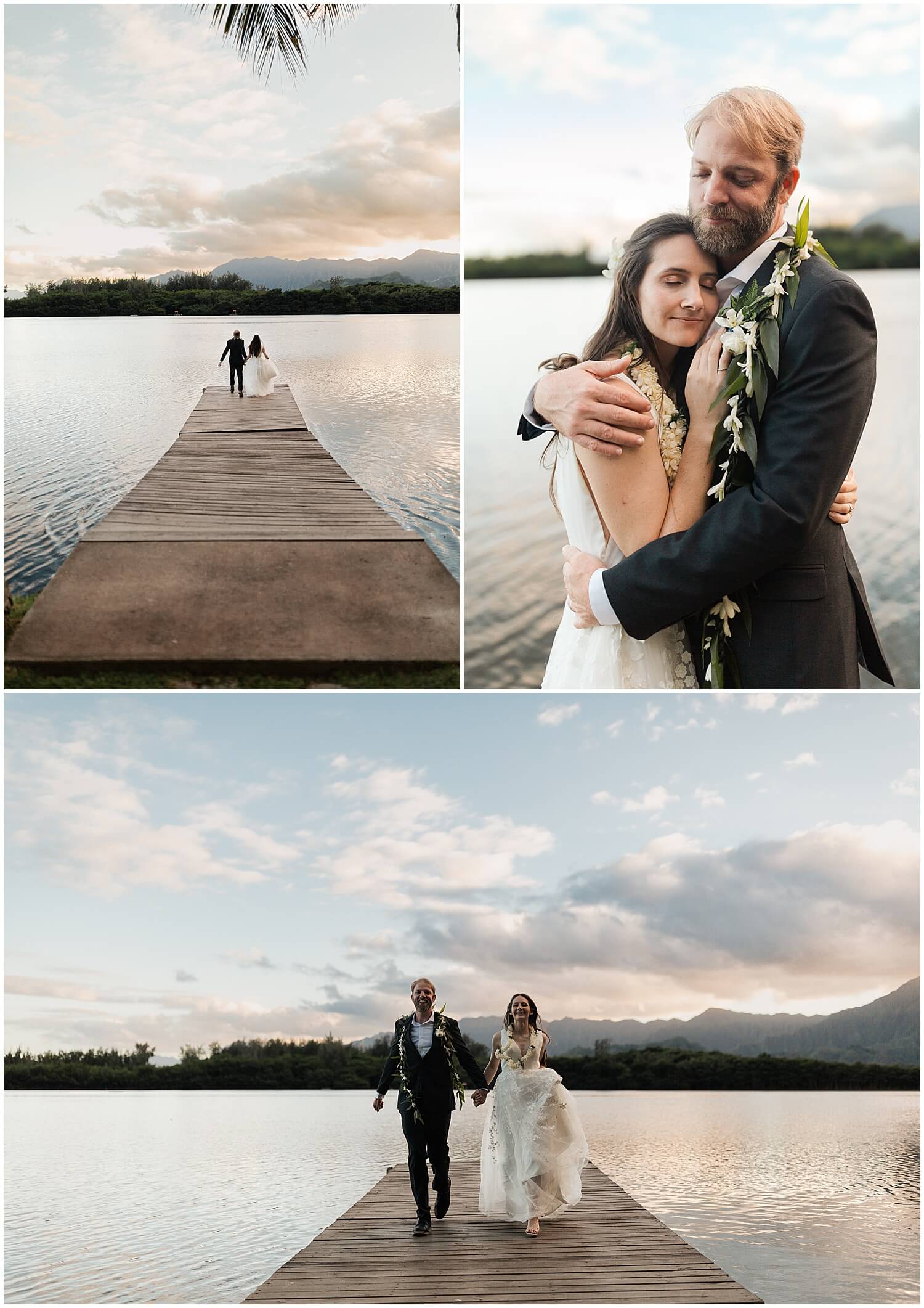 newly married man and woman run on Hawaiian pier in wedding clothes at sunset at Kualoa Ranch Moli'i Gardens