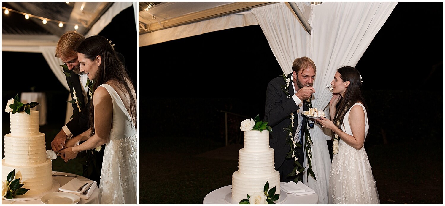 cake cutting with bride and groom at wedding reception by Elle rose photo. 