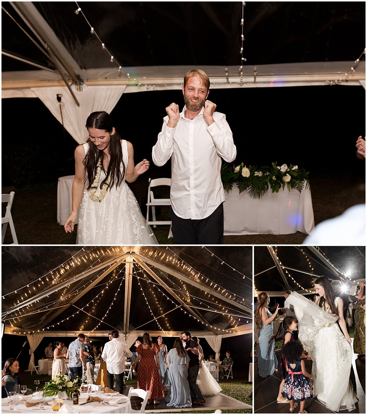 reception dancing under clear top tent by Oahu wedding photographer 