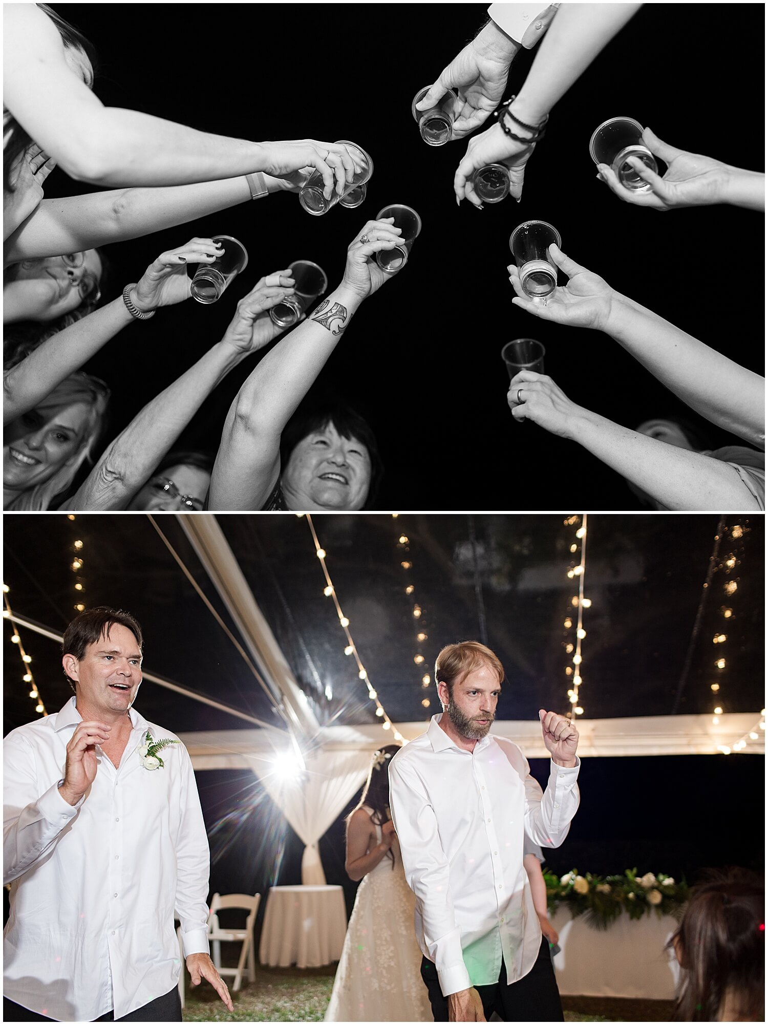 wedding guest cheers shots at reception with bride and groom by Elle rose photo. 