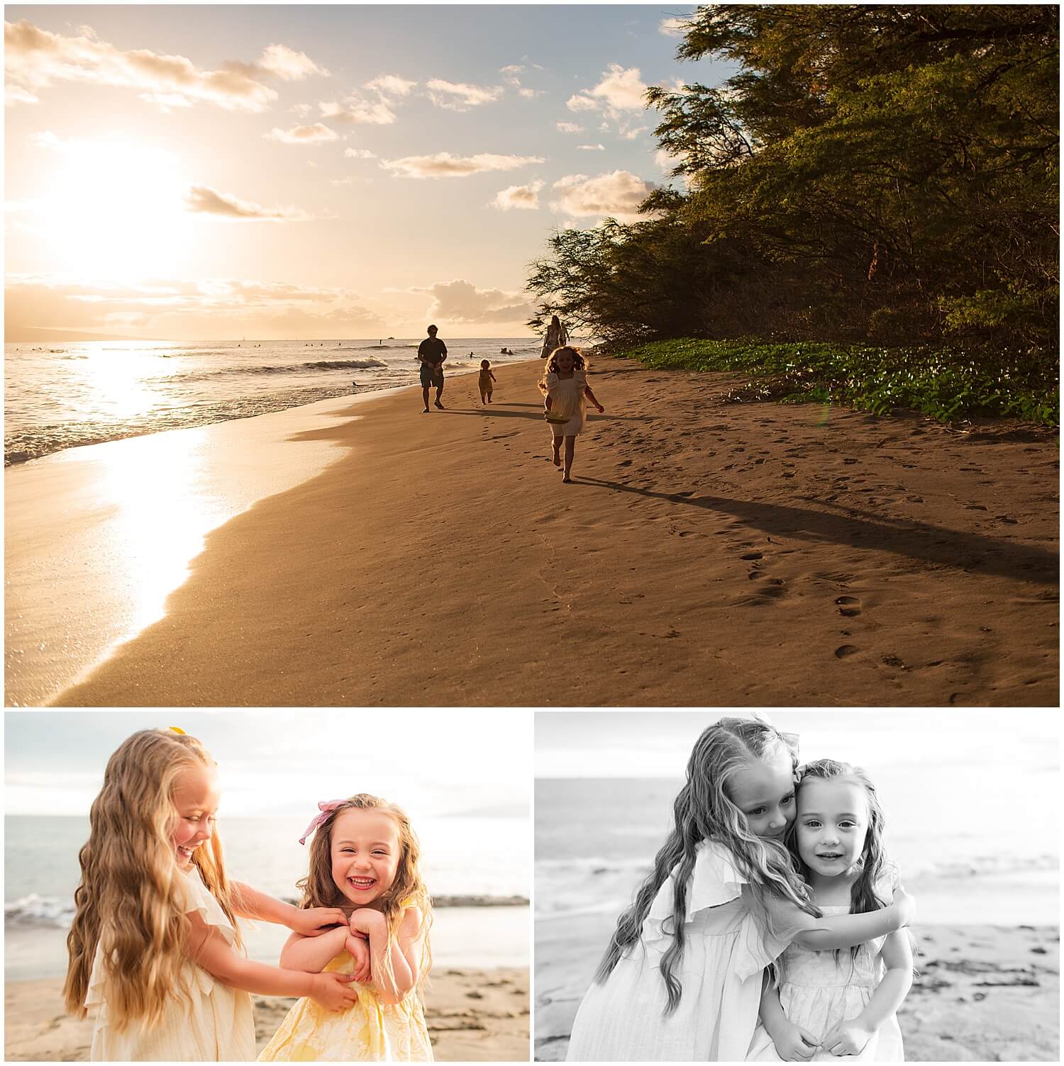 family of four running on the beach in the sand during maui family session 