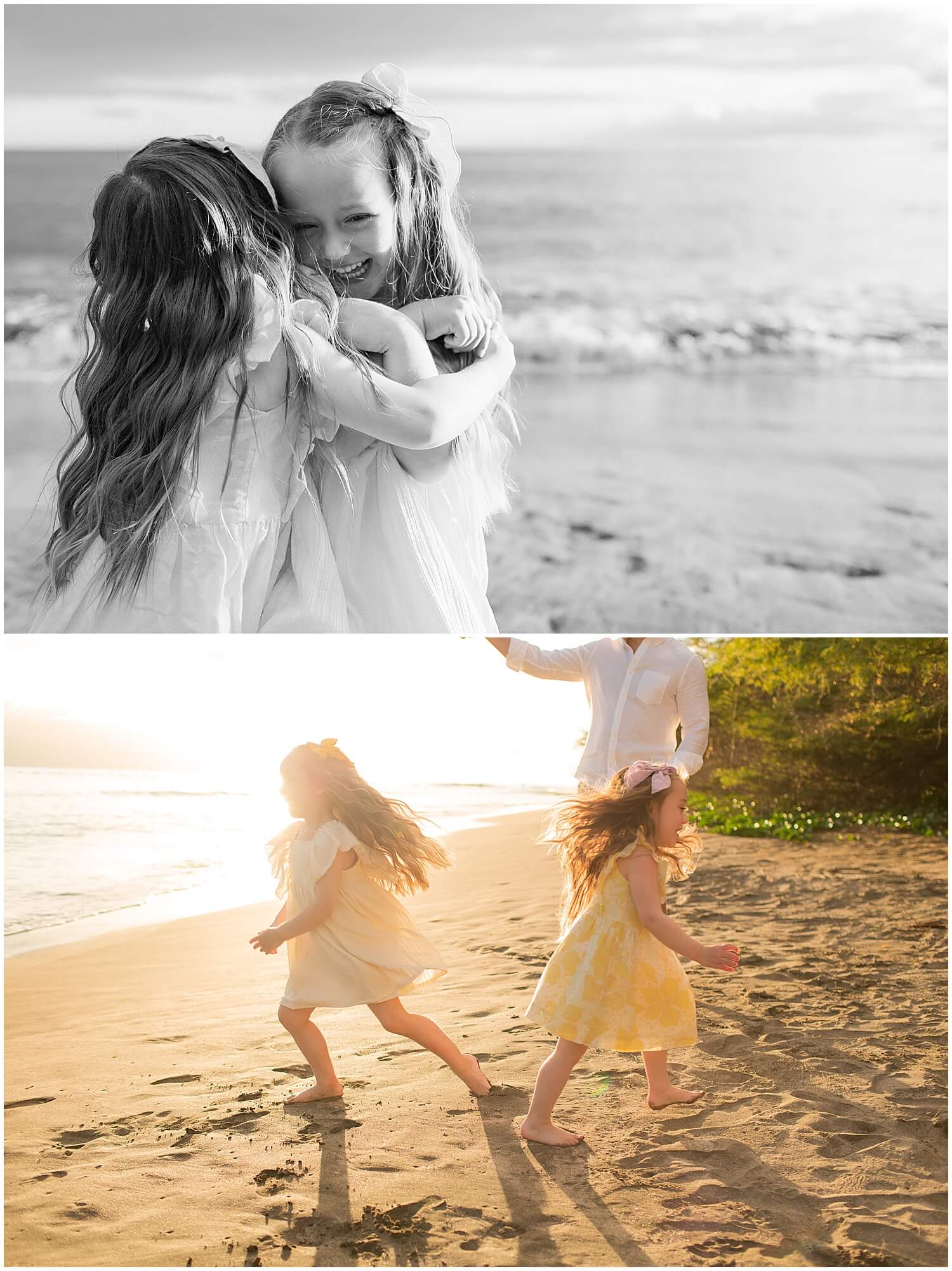 two girl daughters hugging near the water in yellow dresses by Hawaii lifestyle photographer