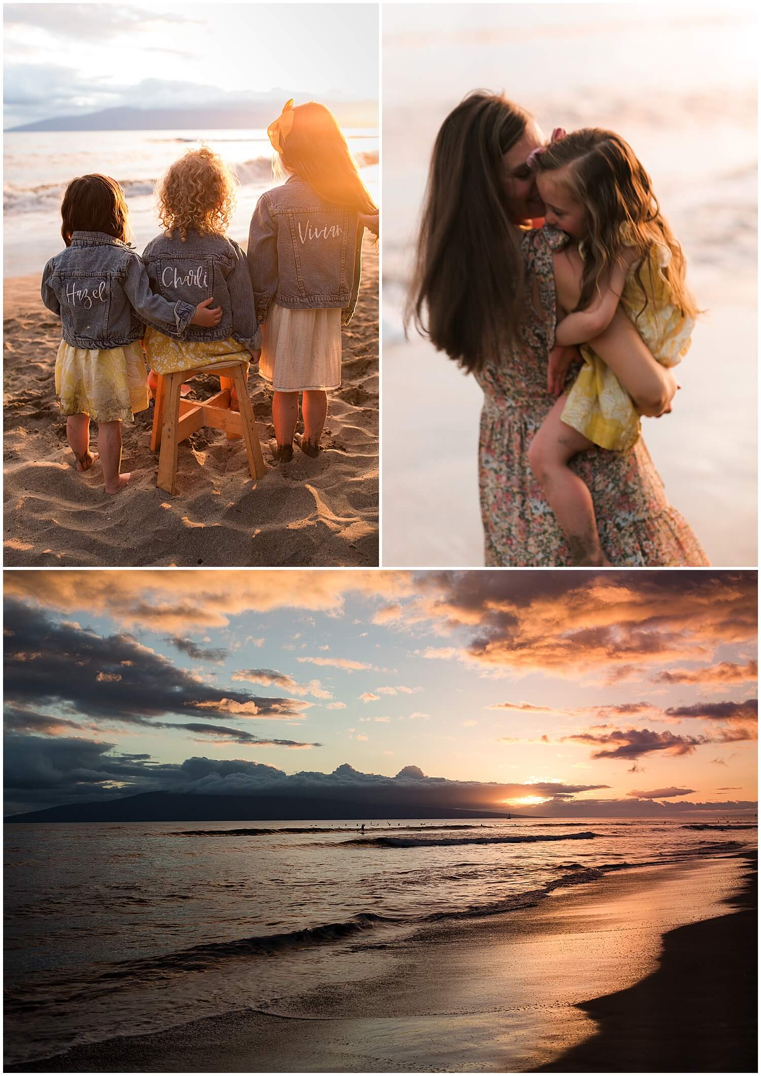 three daughters with jean jackets and yellow dresses on the beach during maui family session