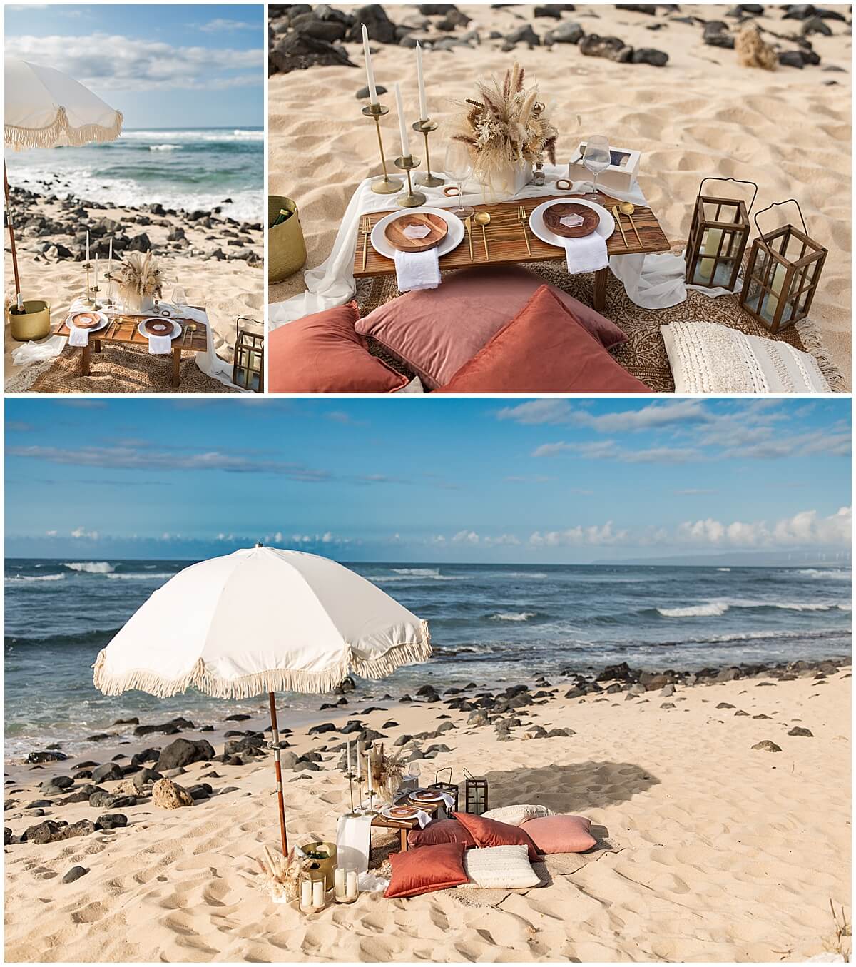 tablescape on the beach in Hawaii for Oahu surprise proposal 