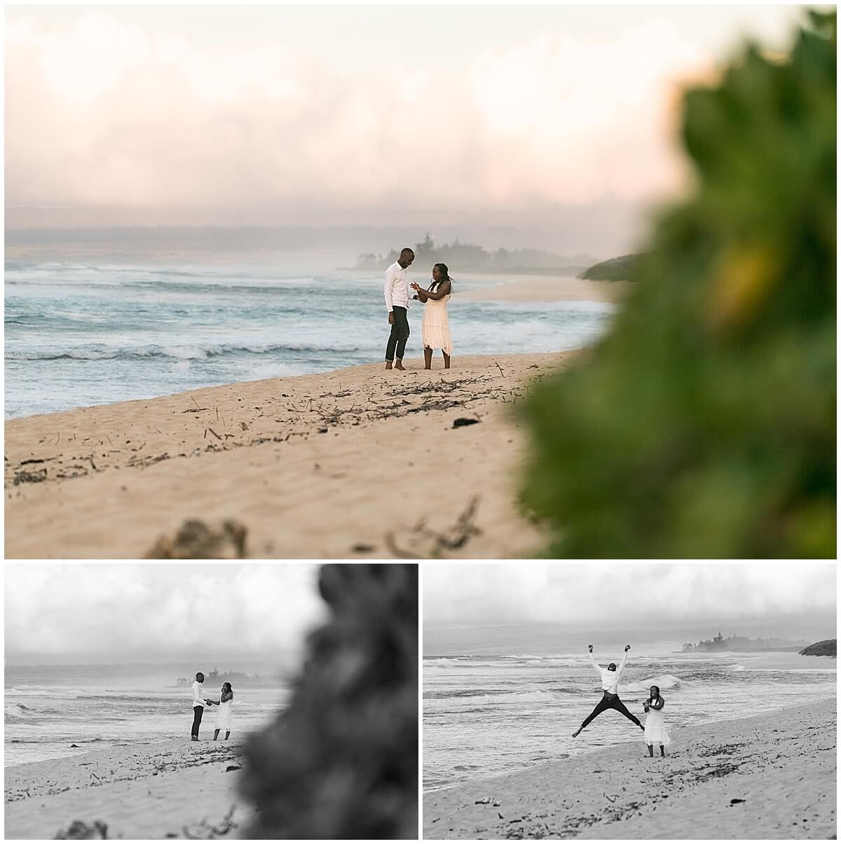 newly engaged couple jumping on the beach by Elle rose photo