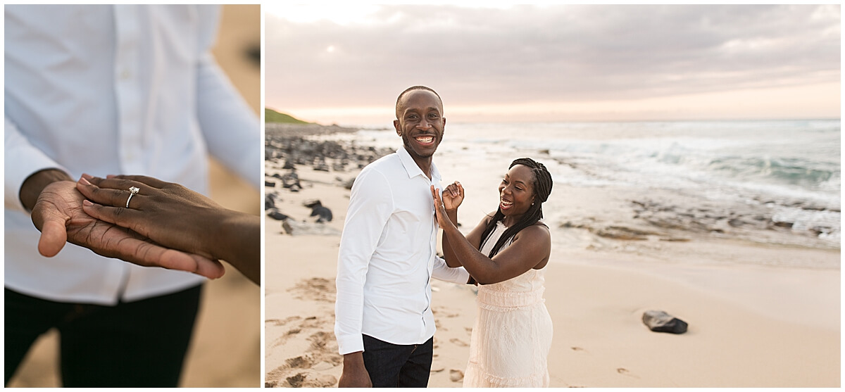 woman shows off new diamond engagement ring by north shore couples photographer 