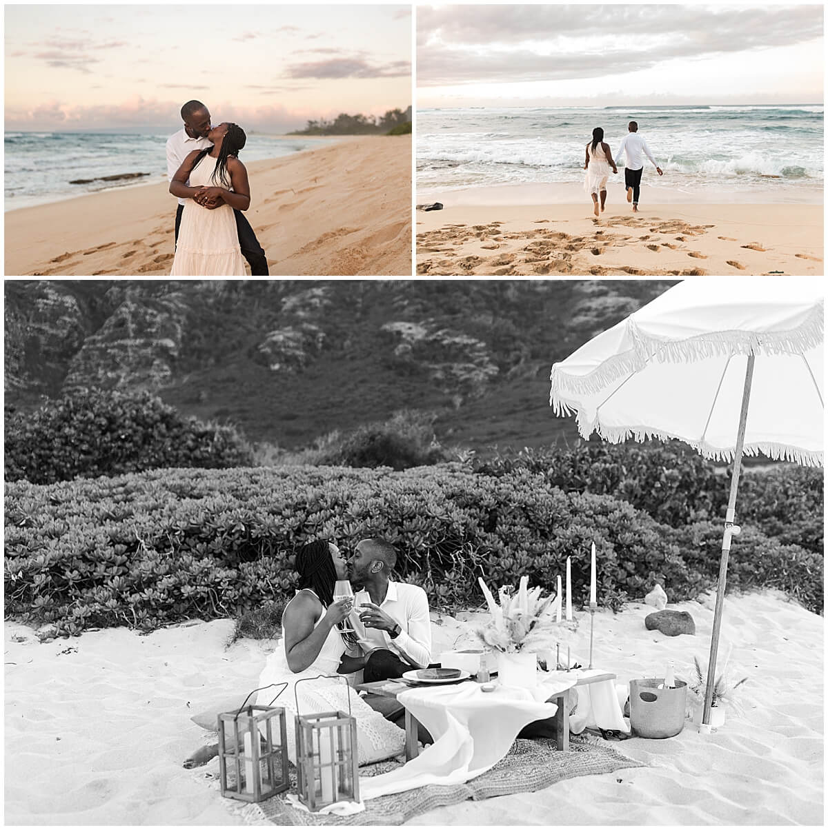 couple sitting at table scape on the north short beach during Oahu surprise proposal 