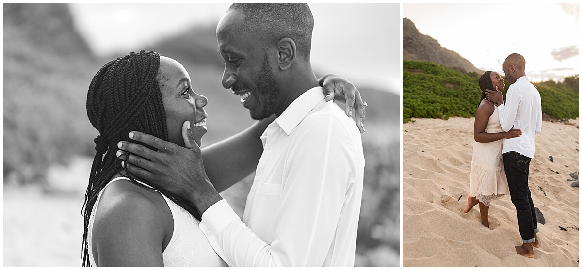 black and white portrait of couple kissing on the beach by north shore couples photographer 