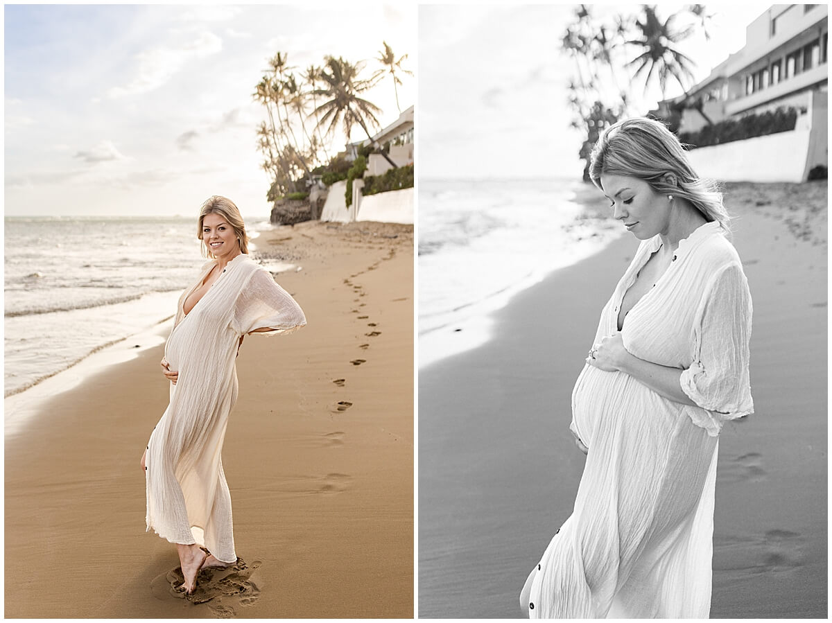 Woman wearing long white maternity dress on beach for Beach maternity session