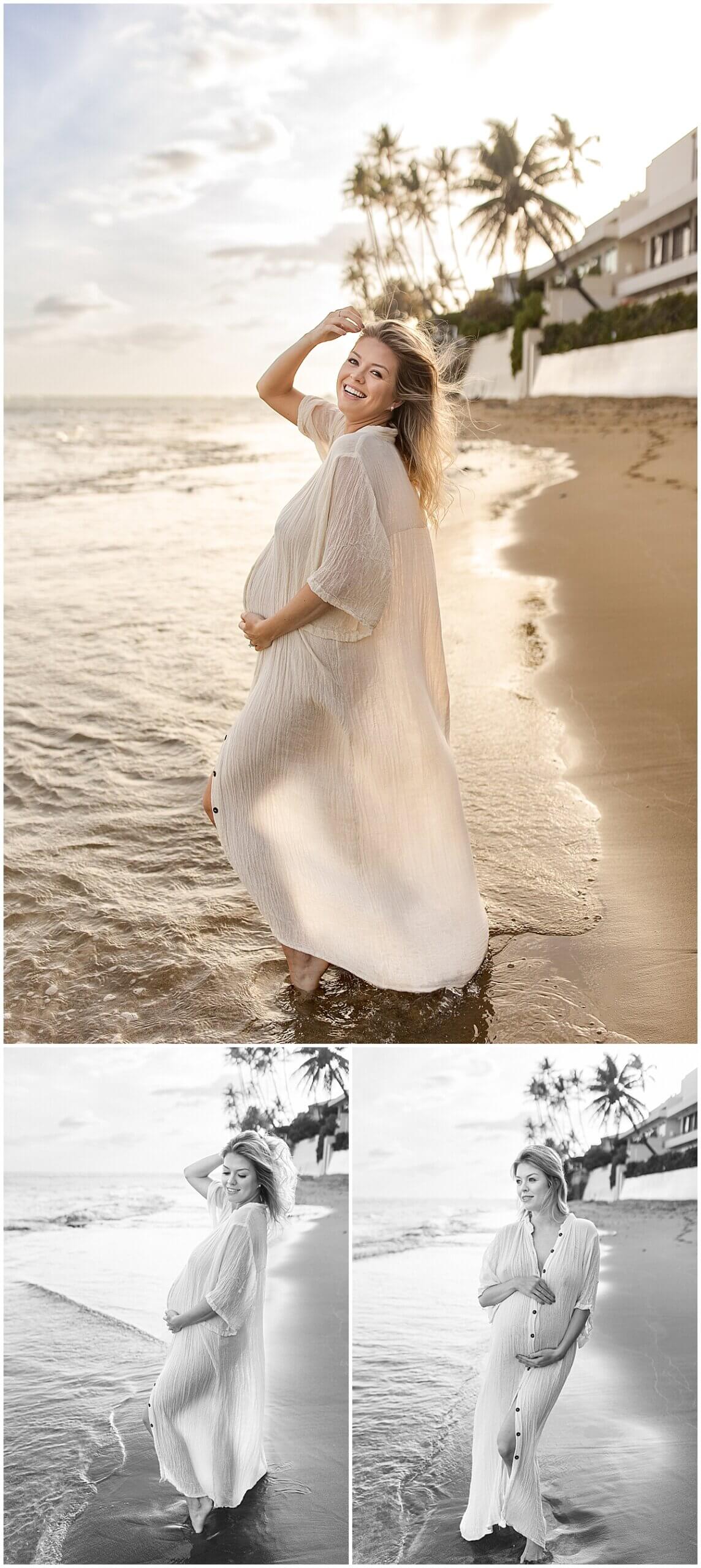 Mother wearing White button up maternity dress in the water buy Elle Rose photo