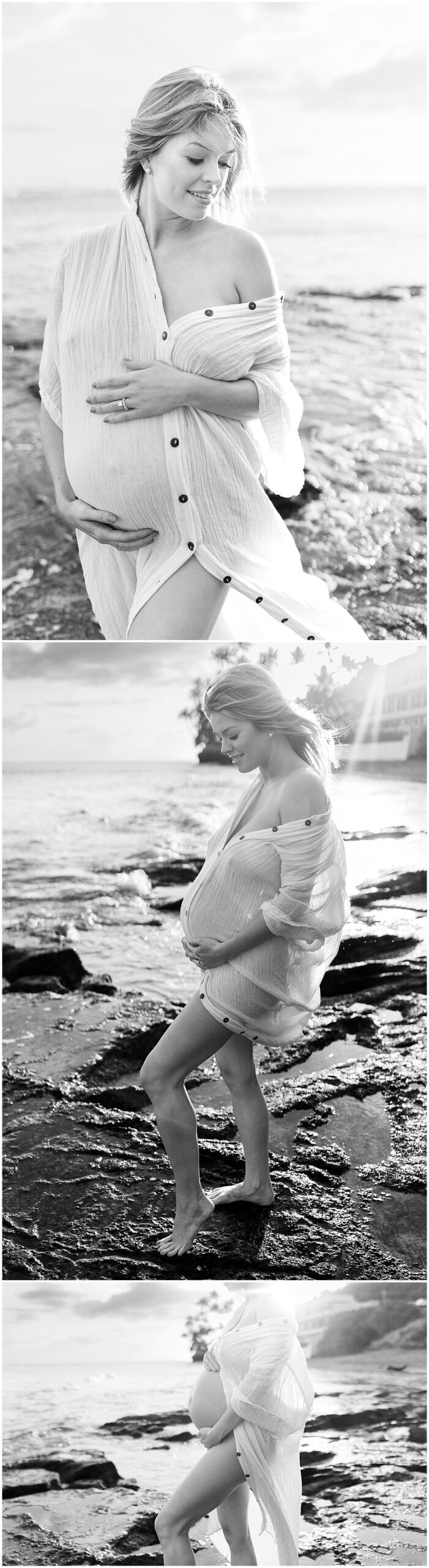 Black and white beach maternity session with mom in Sunset silhouette on the rocks in Oahu
