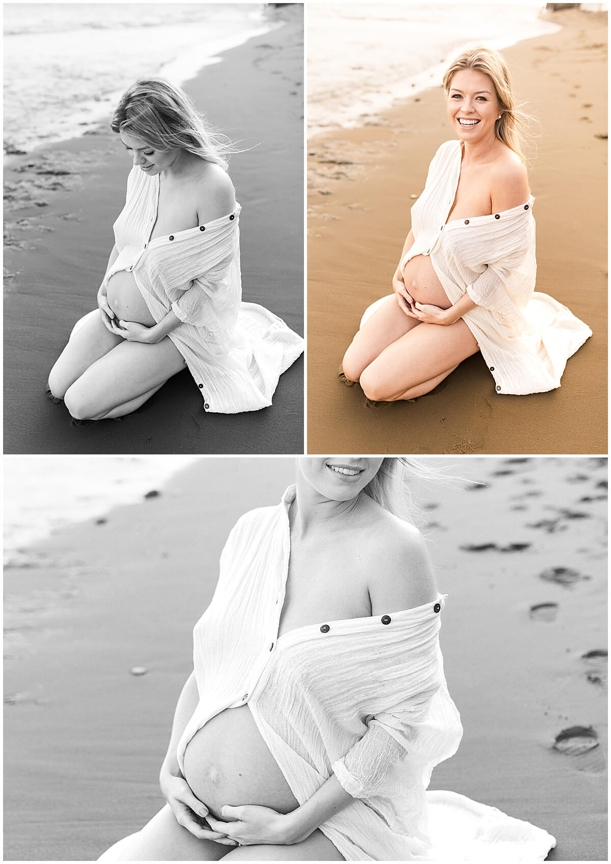 Maternity session of mother kneeling in the sand wearing white gown with Oahu lifestyle photographer