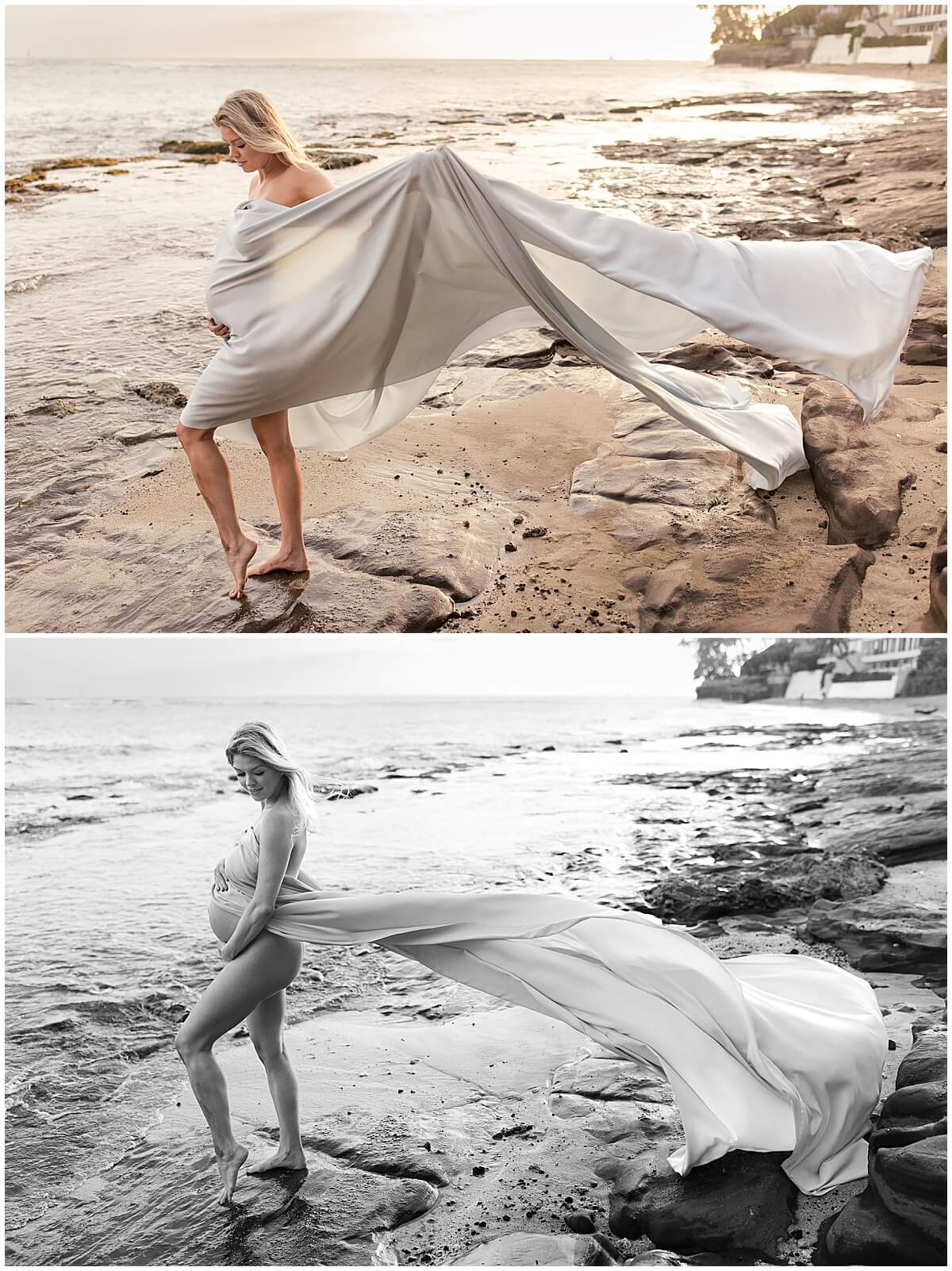Long gray maternity train on gown with blonde woman in the water in Hawaii by Elle rose photo