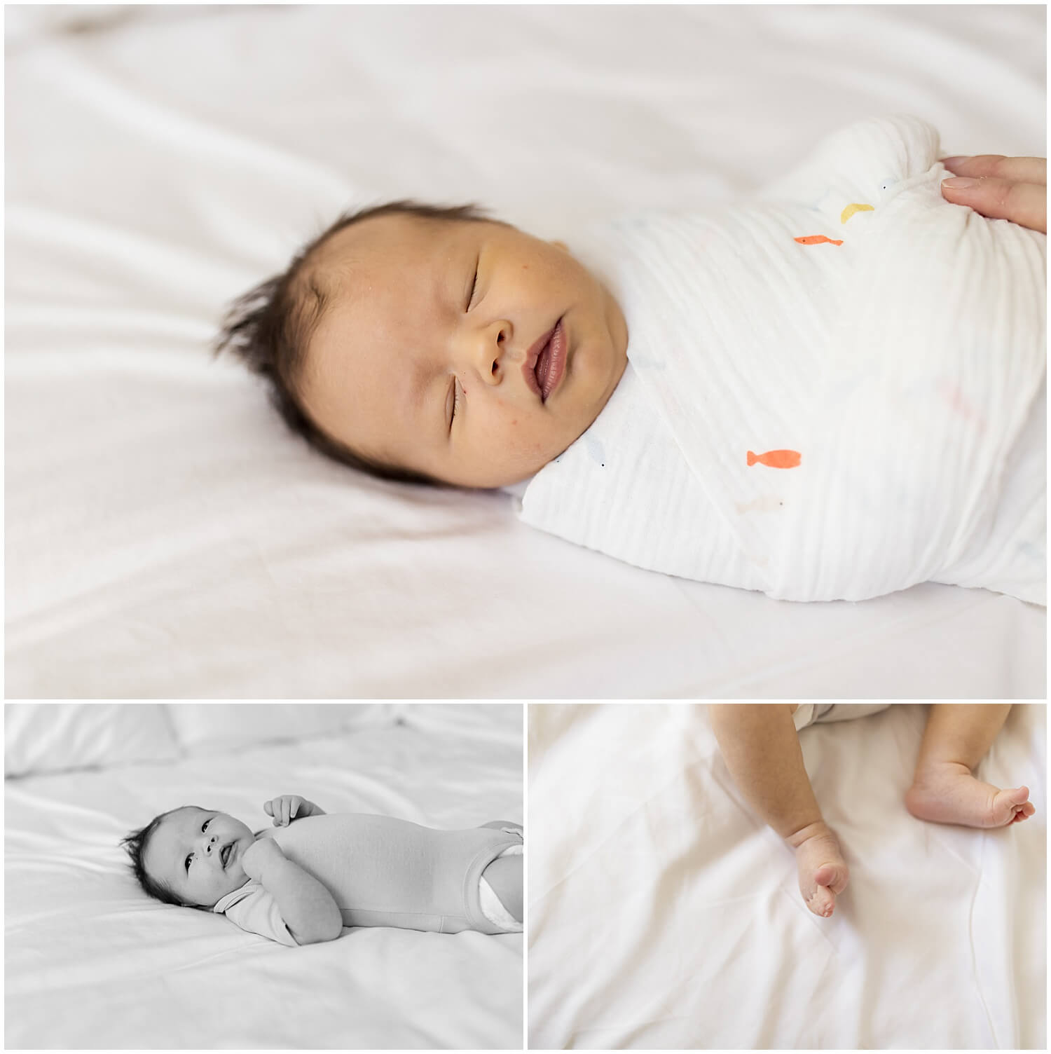 Newborn wrapped in swaddle laying on white sheets by Oahu newborn photographer