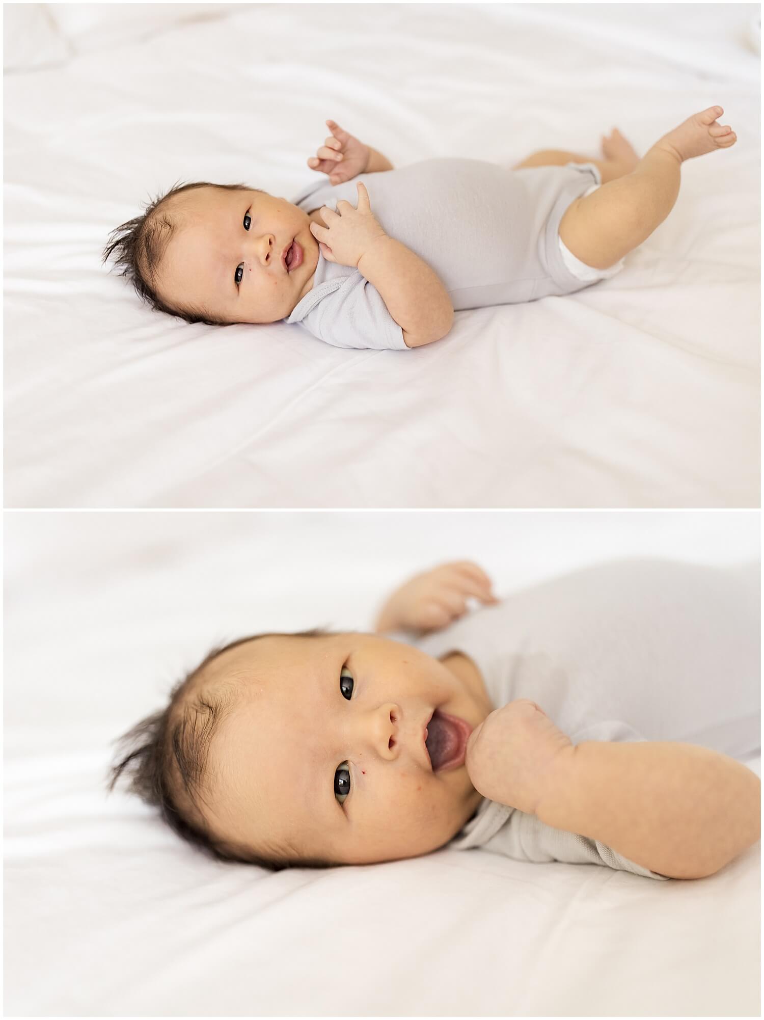 Baby in a gray onesie laying on bed by Elle Rose photo