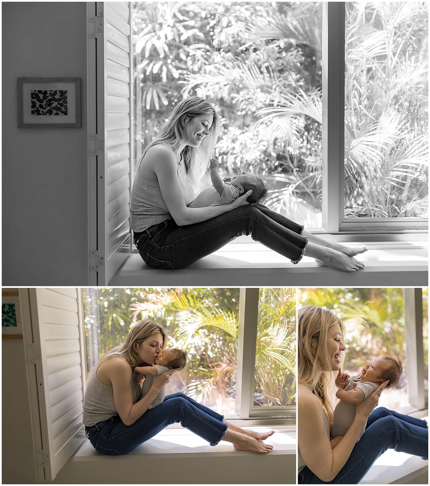 Mom and newborn sitting in windowsill in midday session with Oahu newborn photographer