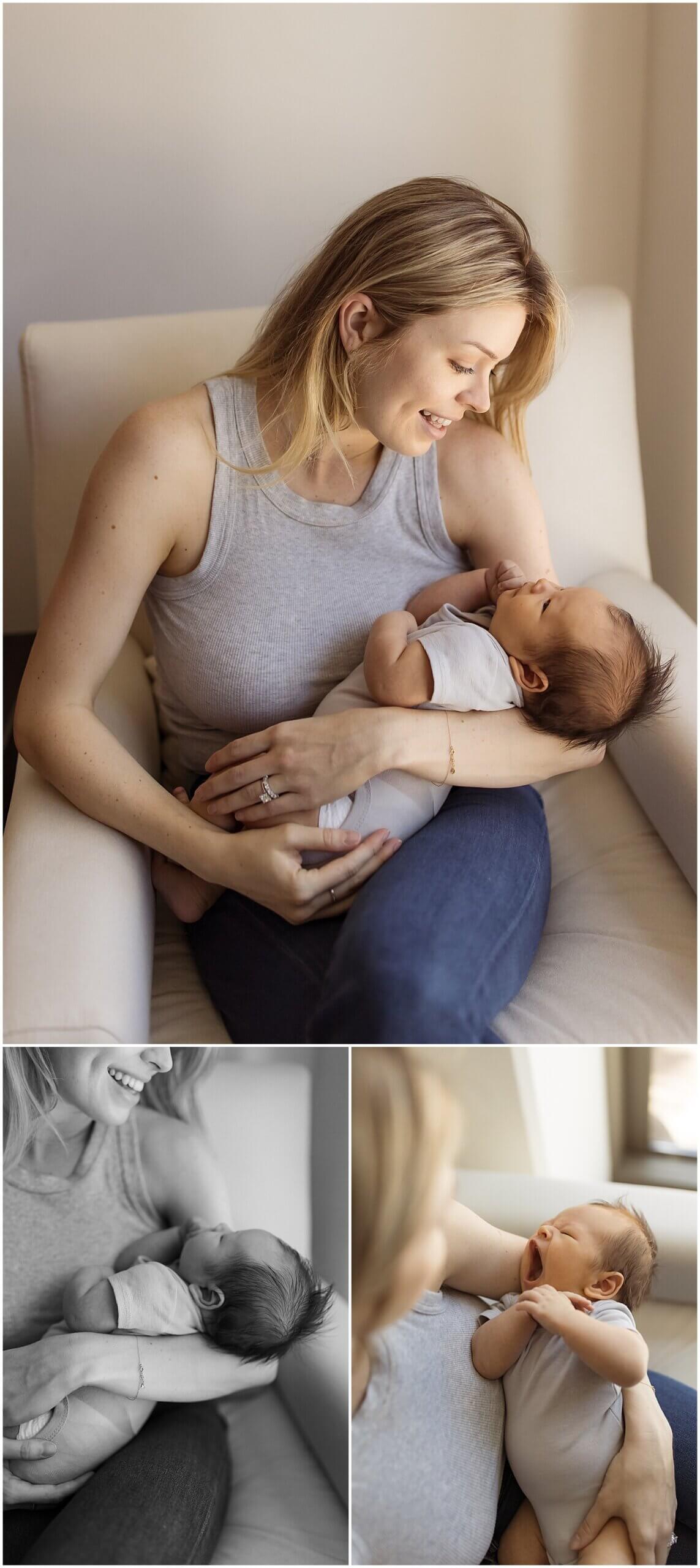 Mom and newborn son sitting in nursery chair wearing gray by Elle Rose photo