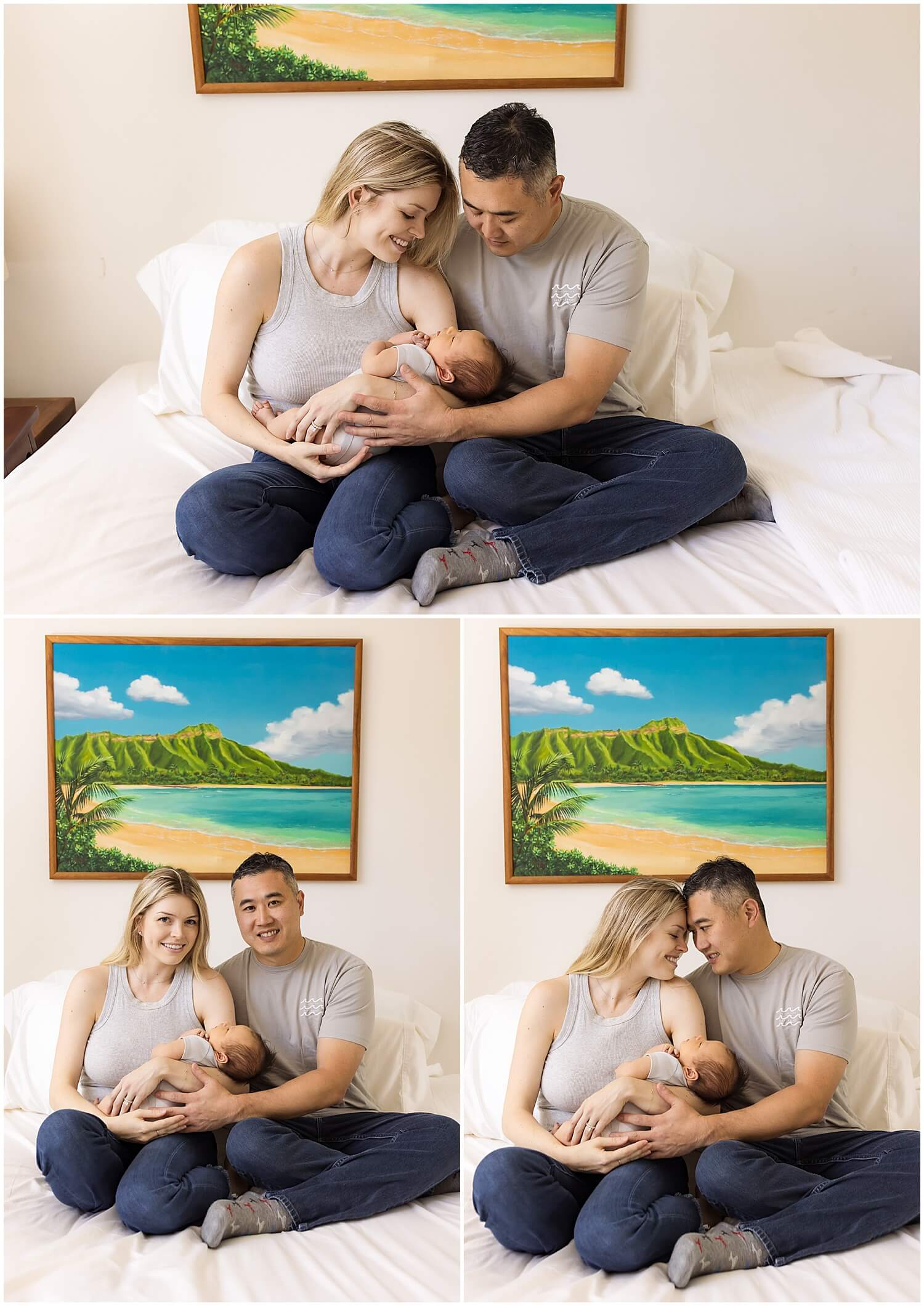 Updated family photo of three sitting on bed wearing gray by Oahu newborn photographer