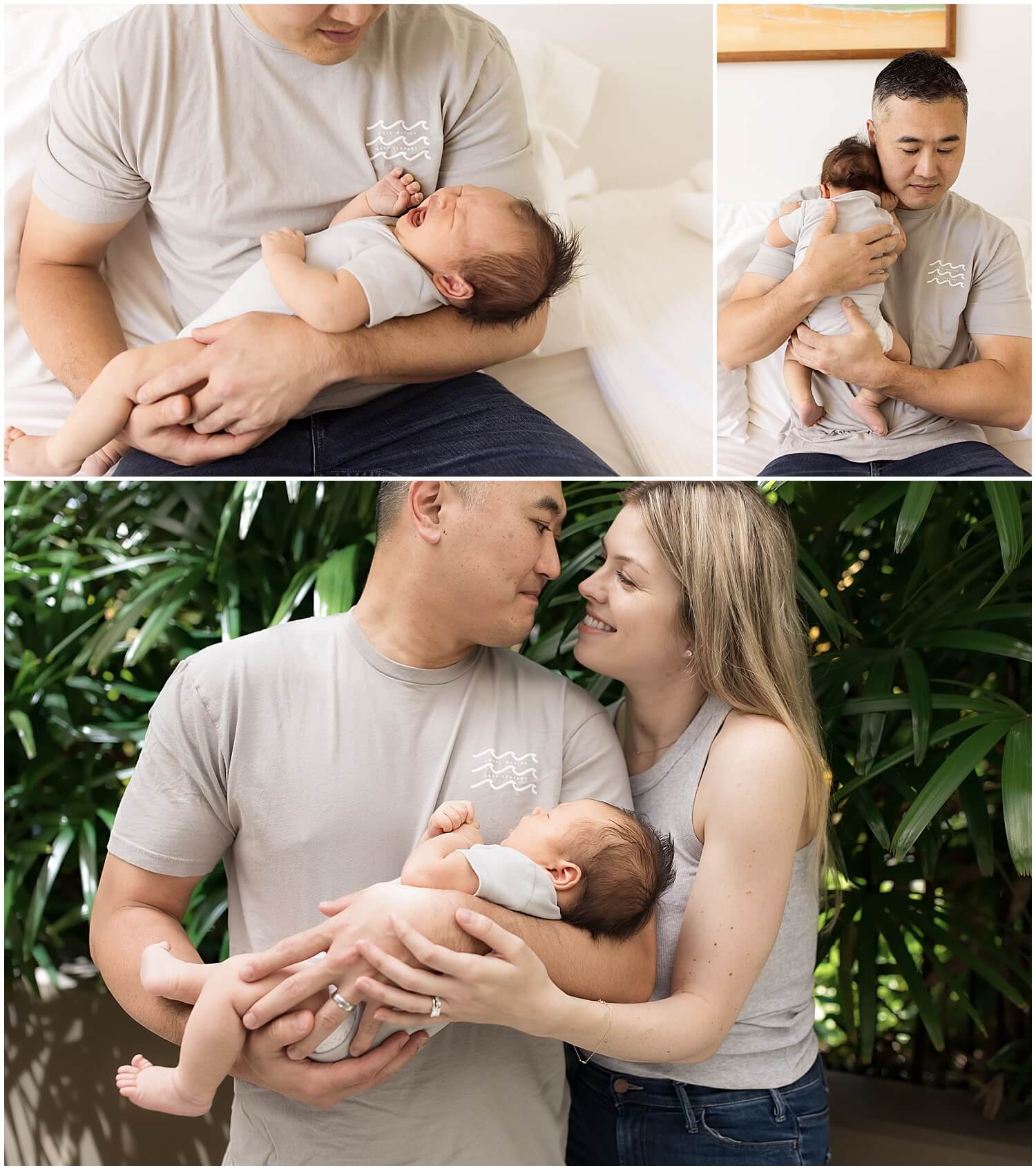 Mom and dad holding baby boy outside in front of palm trees during at home newborn session