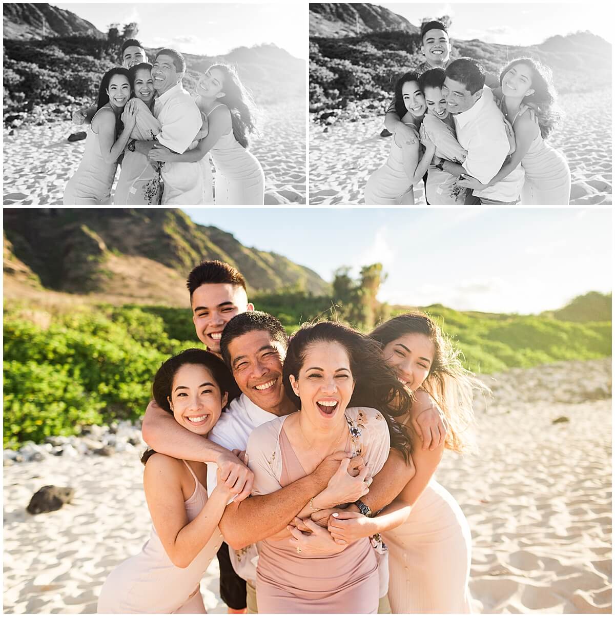 kids jump on parents for black and white portraits in blush pink clothes by Oahu family photographer 