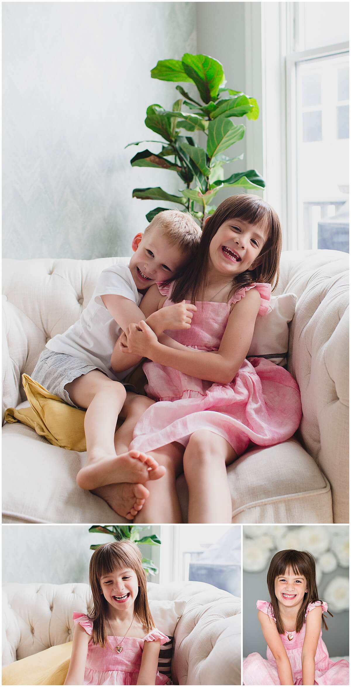 Brother and sister sitting on living room chair in their house bye Elle Rose photo