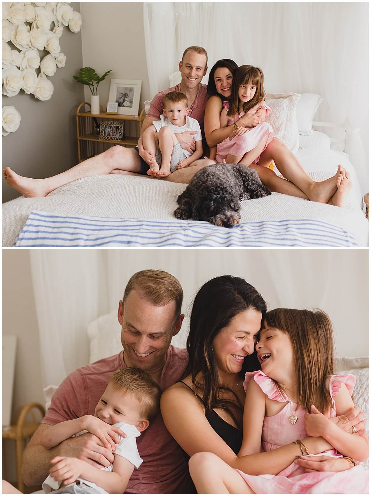 Family of four and dog laying on bed laughing with Oahu lifestyle photographer