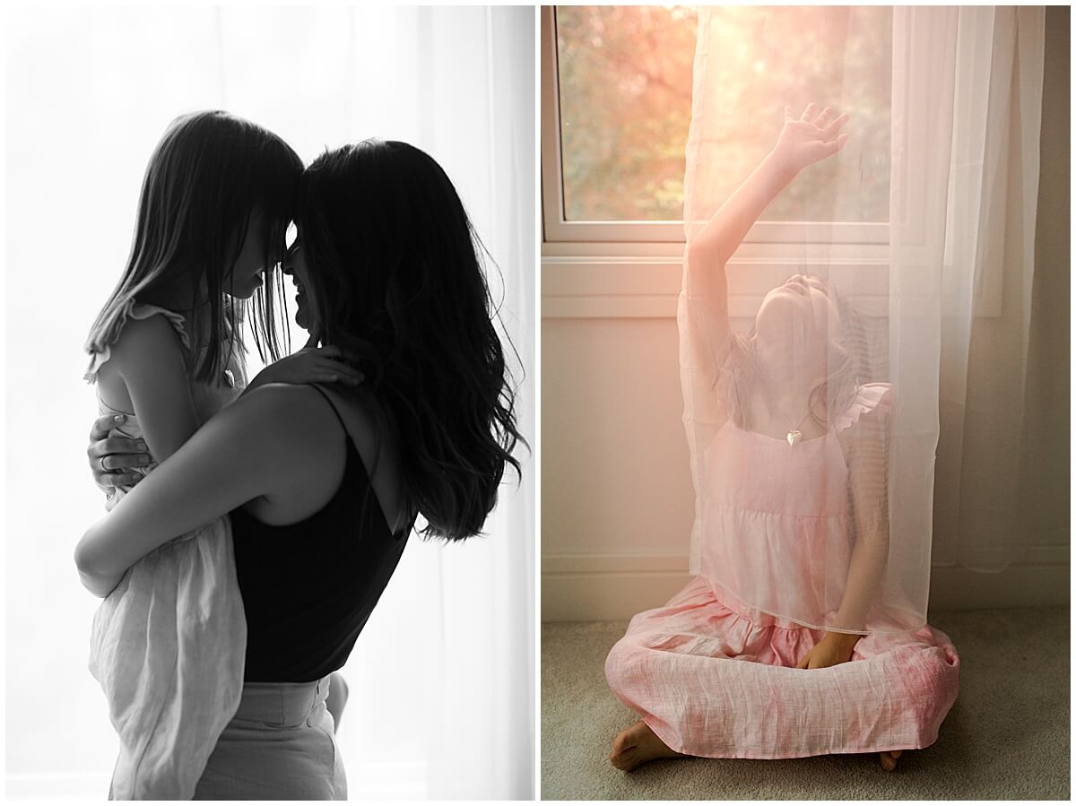 Mom and daughter forehead to forehead in front of window by Oahu lifestyle photographer