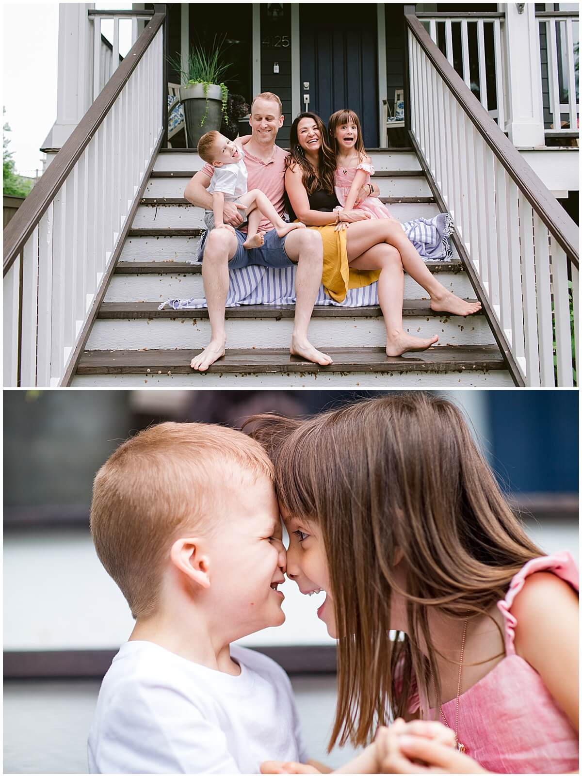 Daughter and son for her to forehead sitting on the porch steps with Oahu family photographer