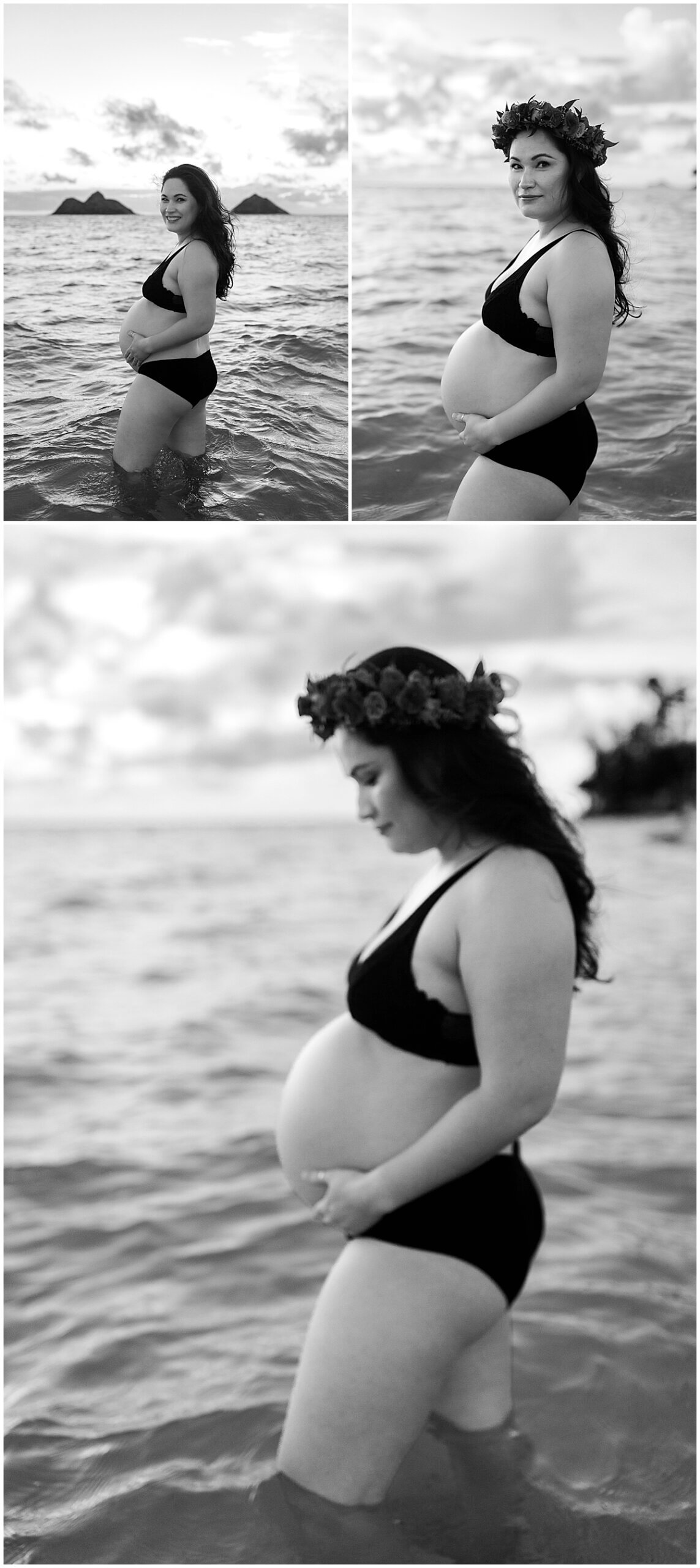 lanikai sunrise session with black and white portraits of mother in black two piece set 