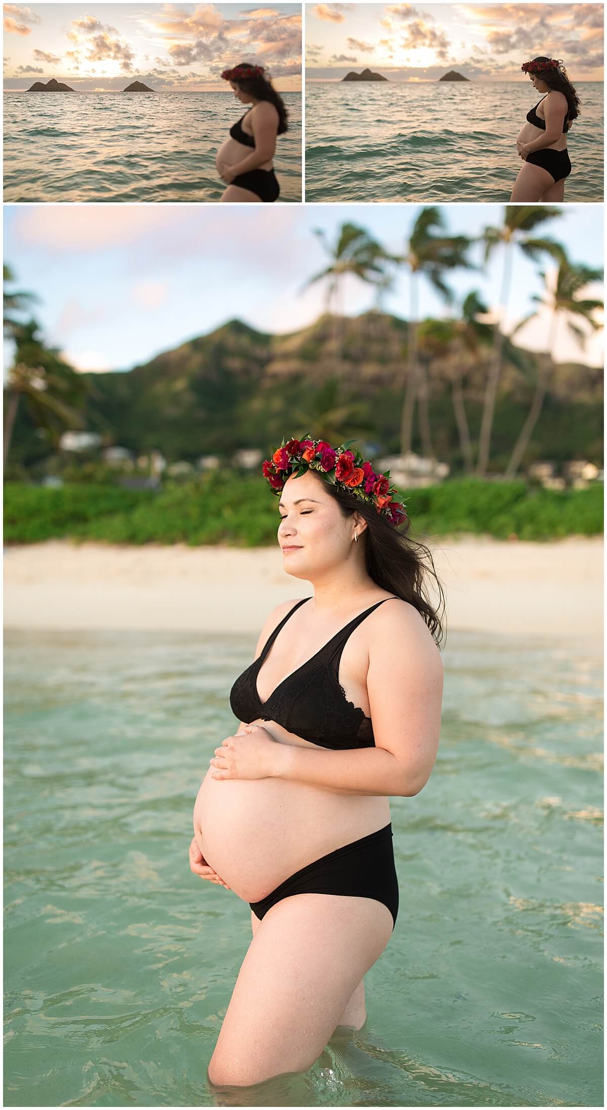 new mother wearing floral headpiece and black two piece set by Oahu maternity photographer