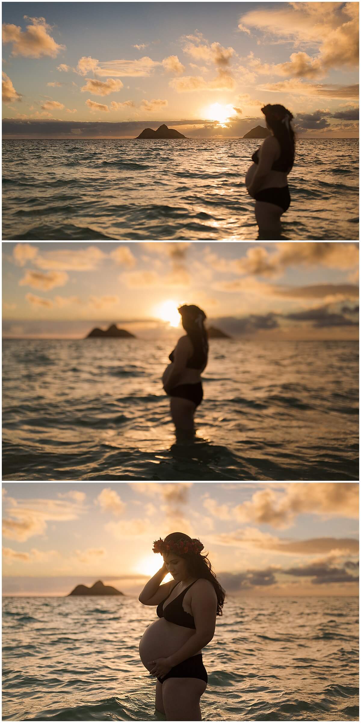 blurry maternity photo of mother standing in the water at sunrise during lanikai sunrise session
