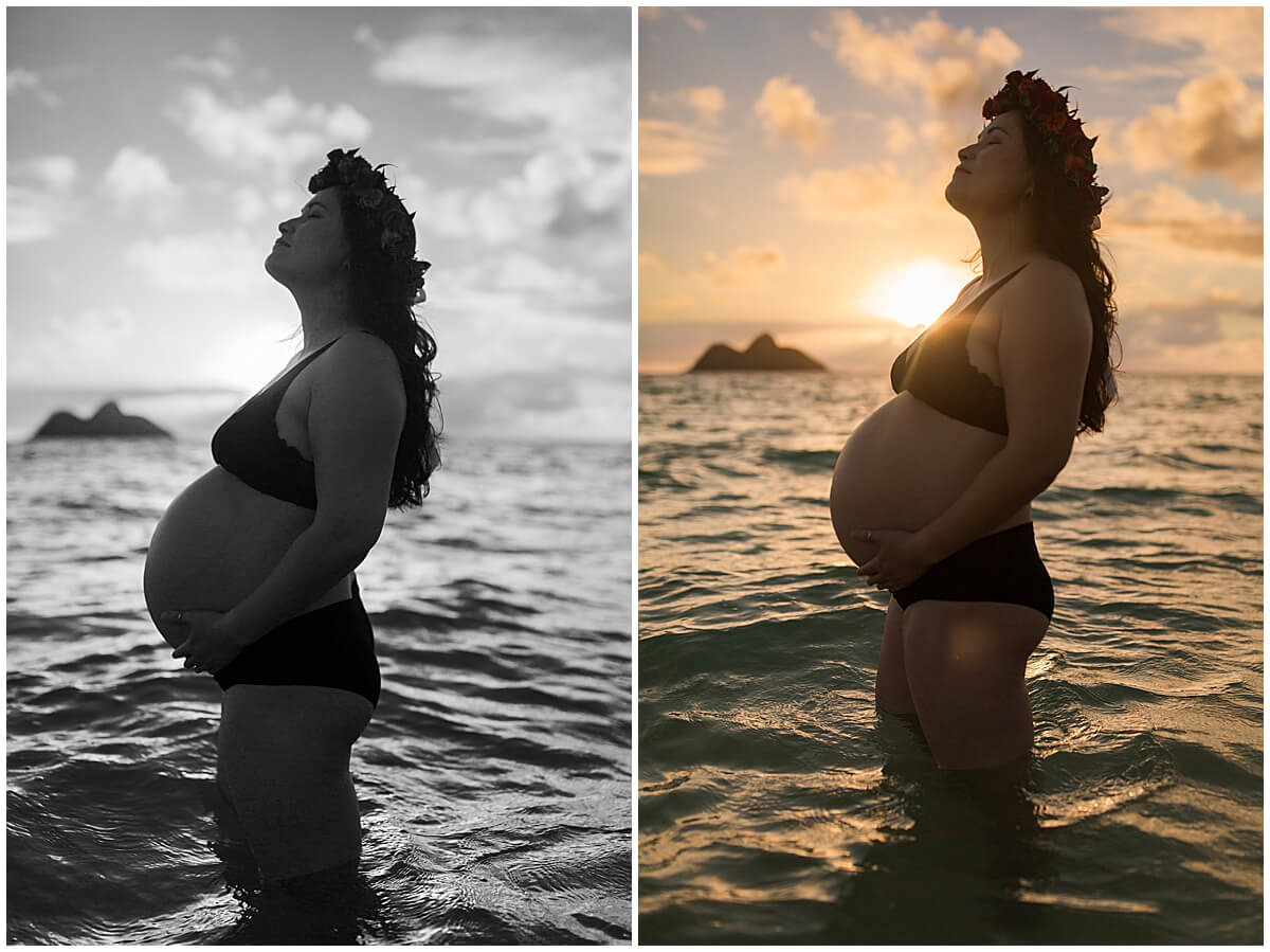 mother wearing Hawaiian floral headpiece at sunrise by Oahu maternity photographer